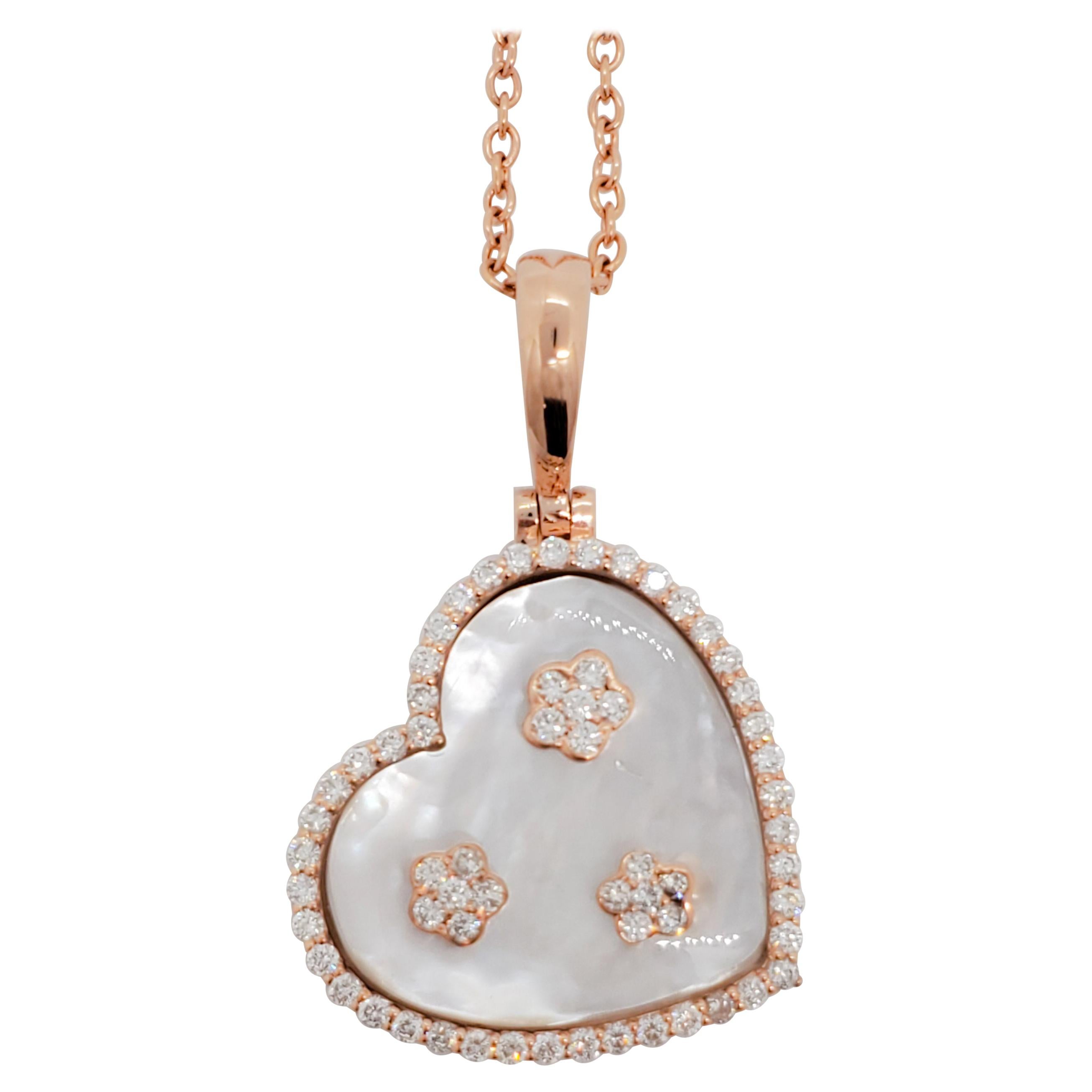Estate White Mother of Pearl and Diamond Pendant Necklace in 14k Rose Gold For Sale