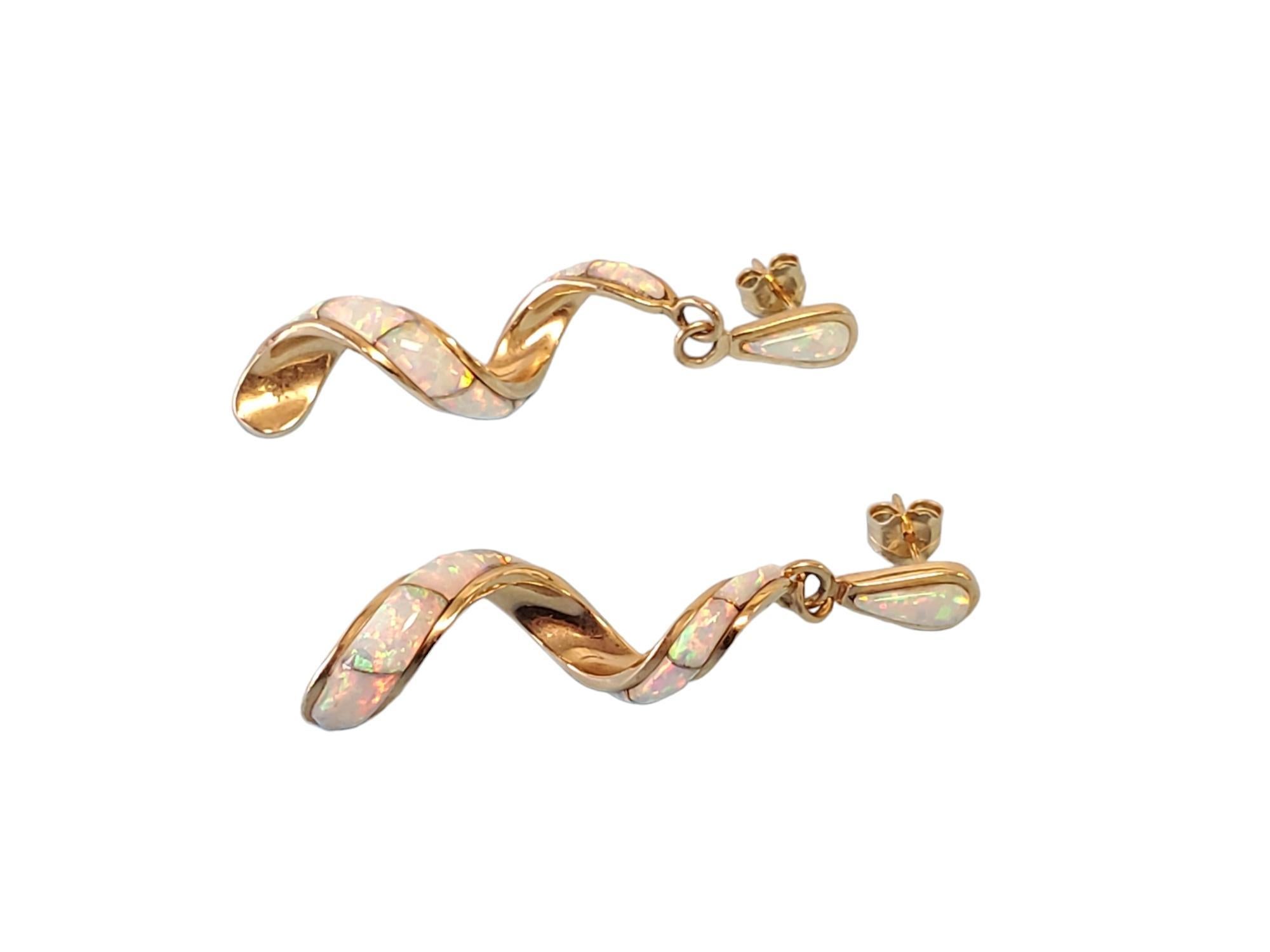 Modern Estate White Opal Inlay Spiral Drop Earrings 14k Yellow Gold For Sale