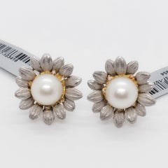 Estate White Pearl and Diamond Sun Flower Earrings in Platinum and 18 Karat Gold