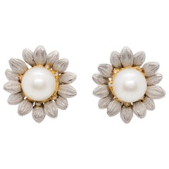 Estate White Pearl and Diamond Sun Flower Earrings in Platinum and 18 Karat Gold