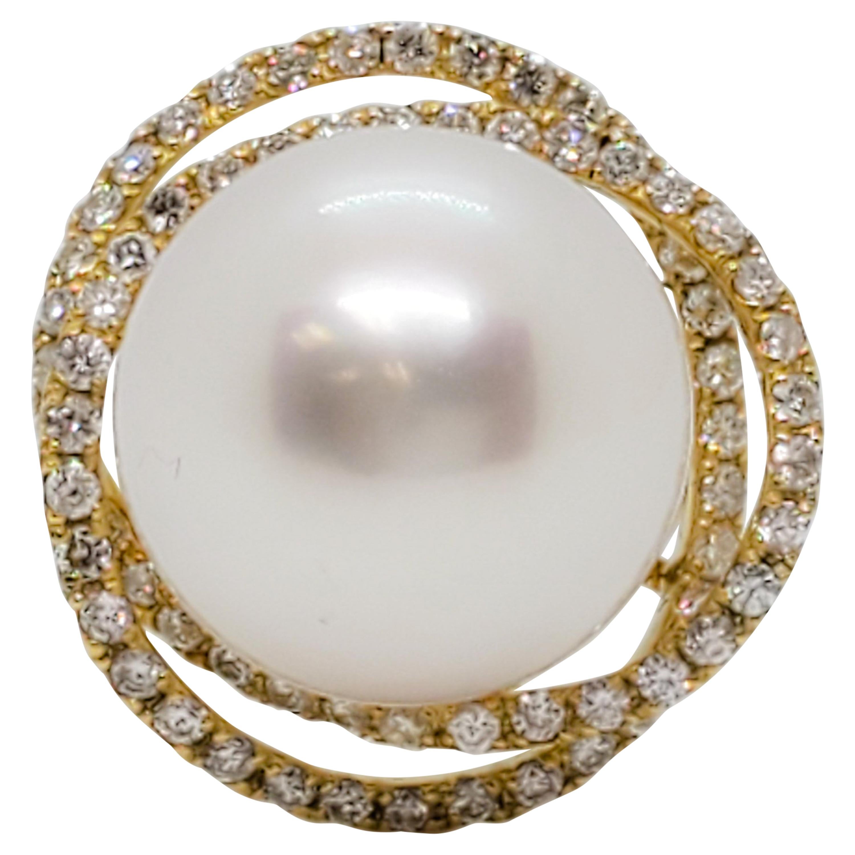 Estate White Pearl Round and White Diamond Cocktail Ring in 18 Karat Yellow Gold