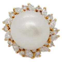 Estate White Round Pearl and Diamond Cocktail Ring in 18k Yellow Gold