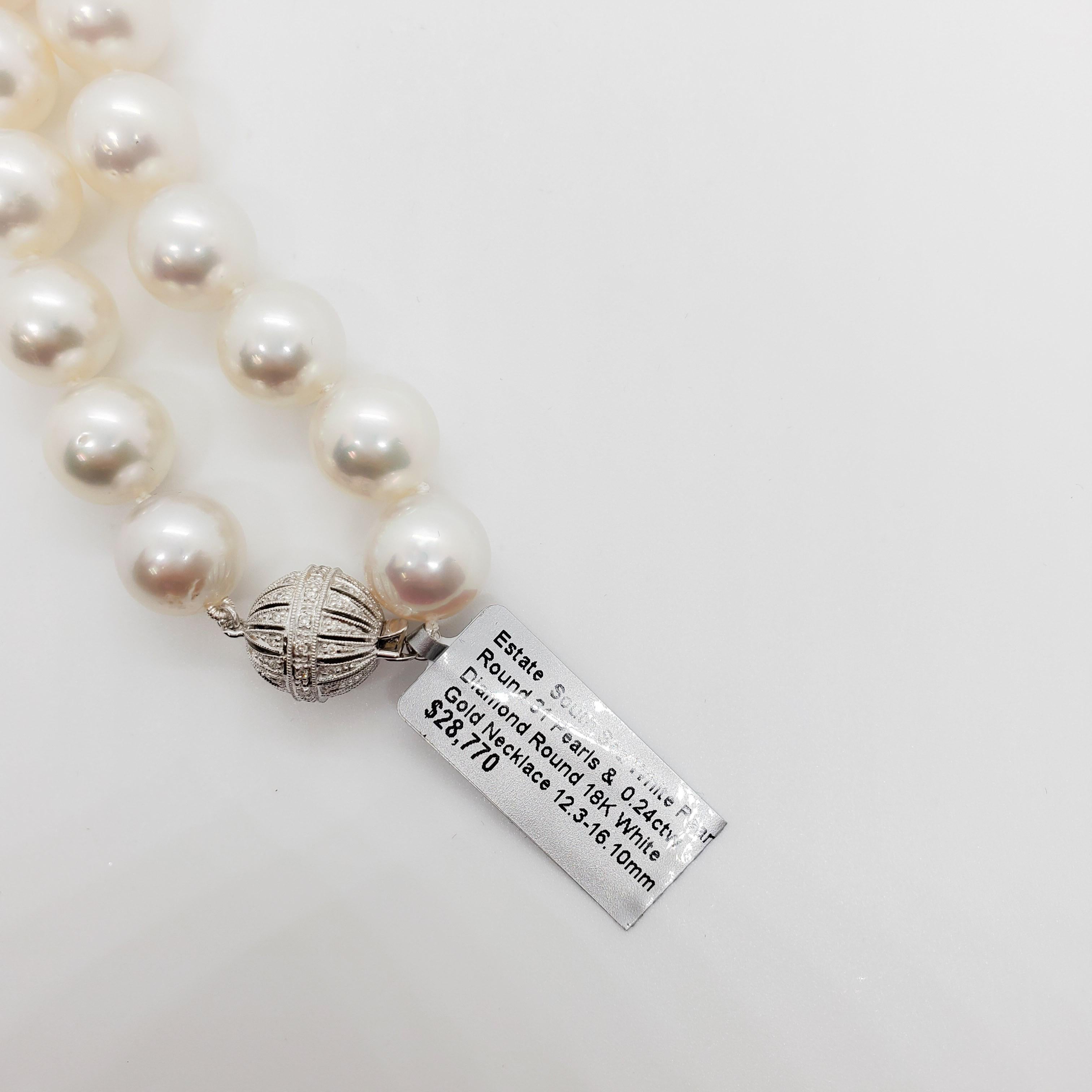 Women's or Men's Estate White South Sea Pearls with Diamond Clasp