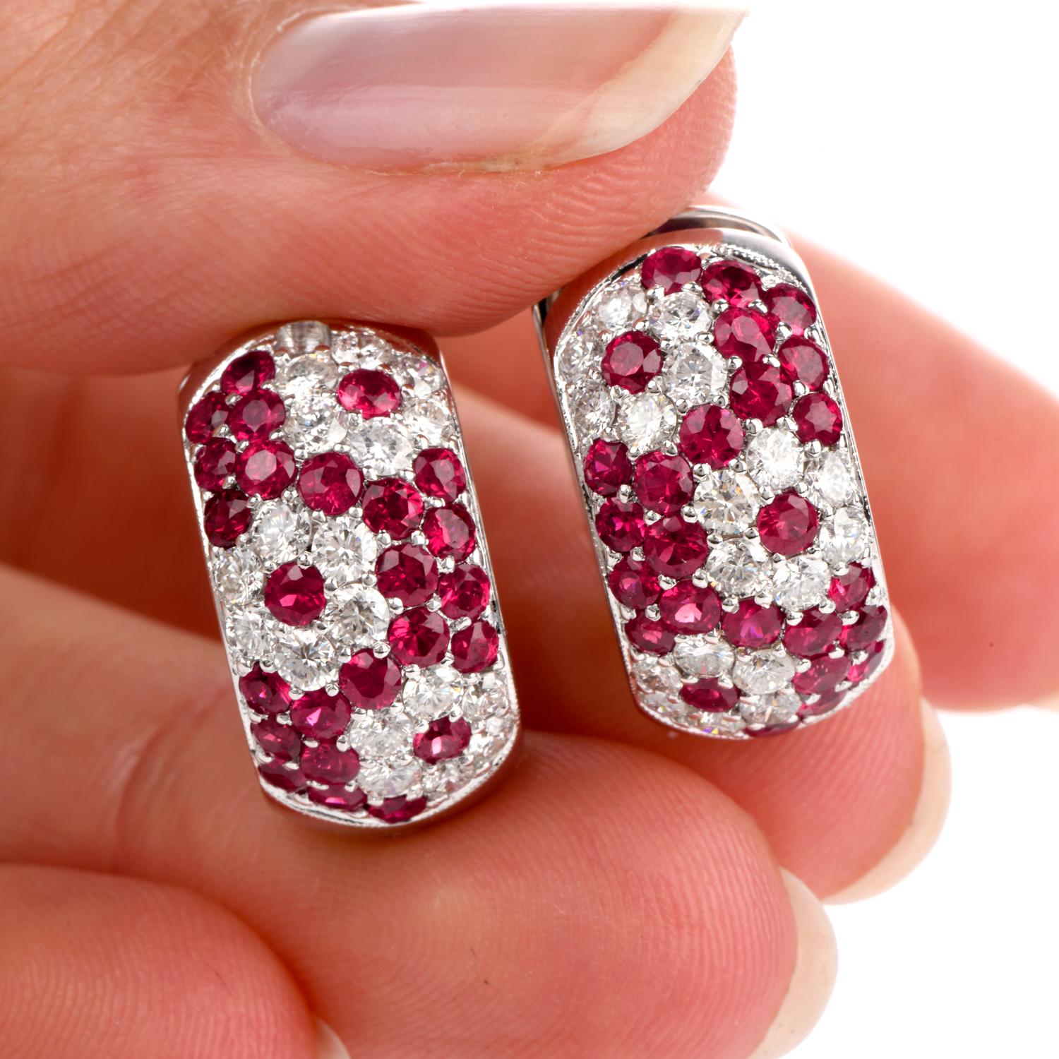 Women's Estate Wide Diamond Ruby 18 Karat Hoop Huggies Earrings