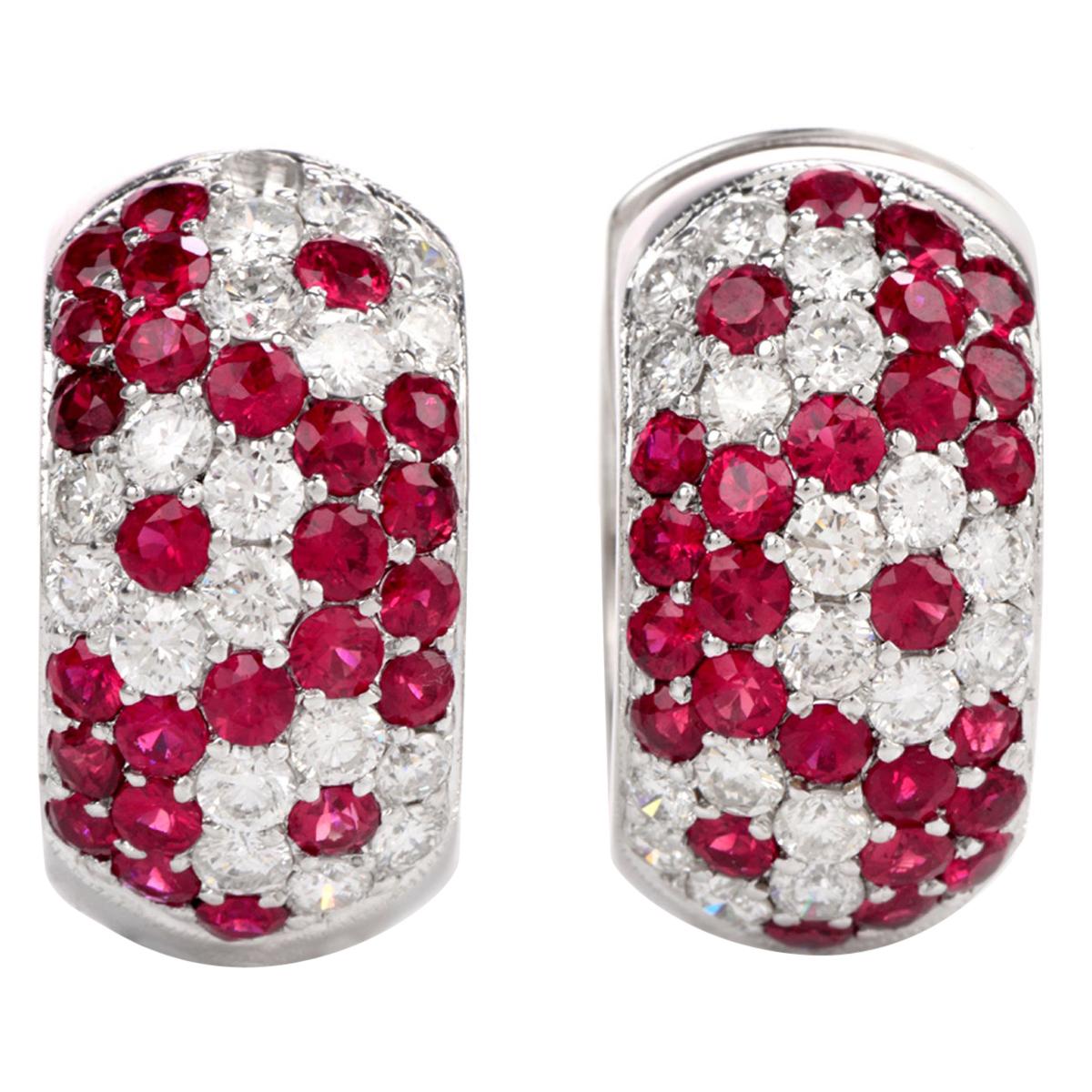 Estate Wide Diamond Ruby 18 Karat Hoop Huggies Earrings