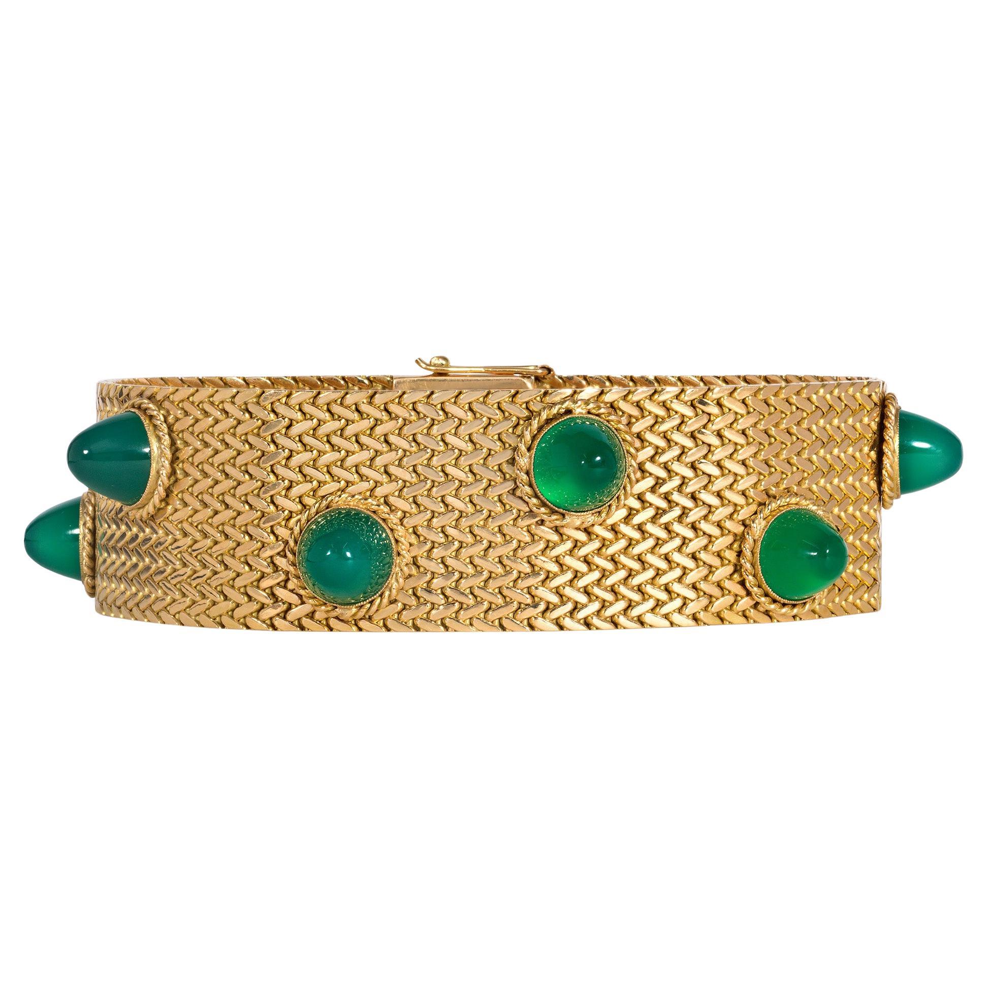 Estate Woven Gold and Cabochon Chrysoprase Strap Bracelet For Sale