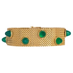 Vintage Estate Woven Gold and Cabochon Chrysoprase Strap Bracelet