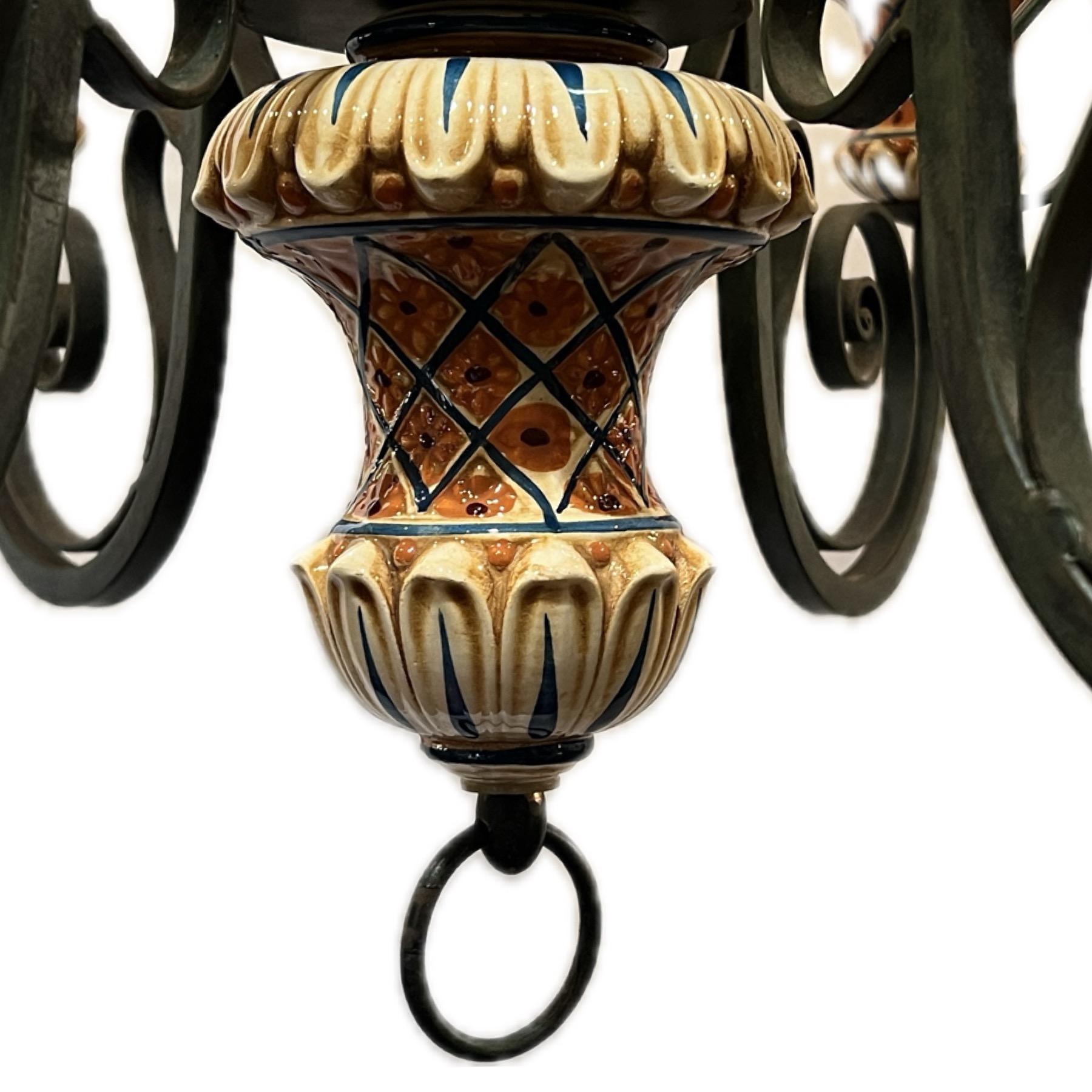 20th Century Estate Wrought Iron and Porcelain 6 Light Chandelier, Circa 1950’s-1960's. For Sale