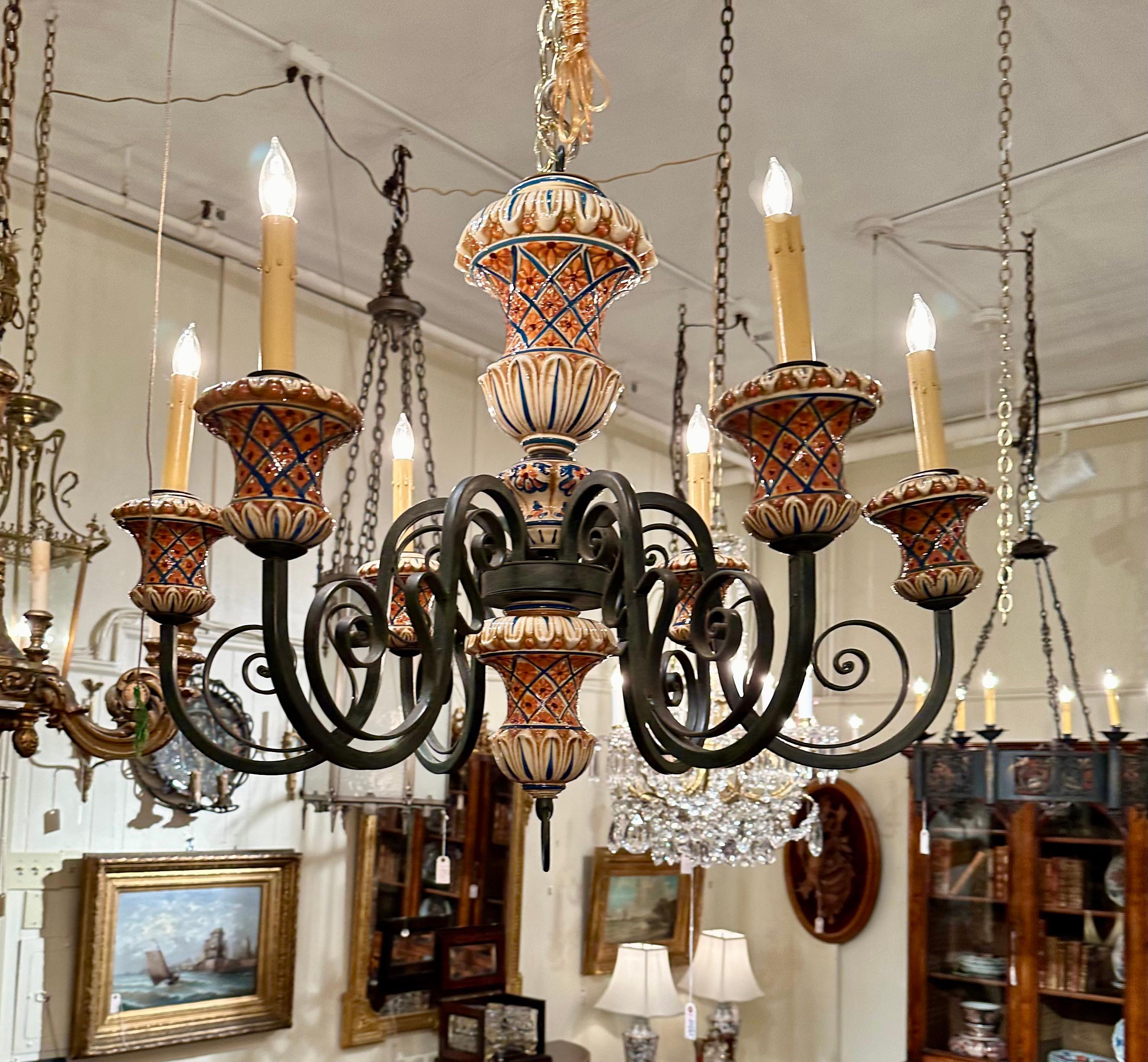Estate Wrought Iron and Porcelain 6 Light Chandelier, Circa 1950’s-1960's. For Sale 1
