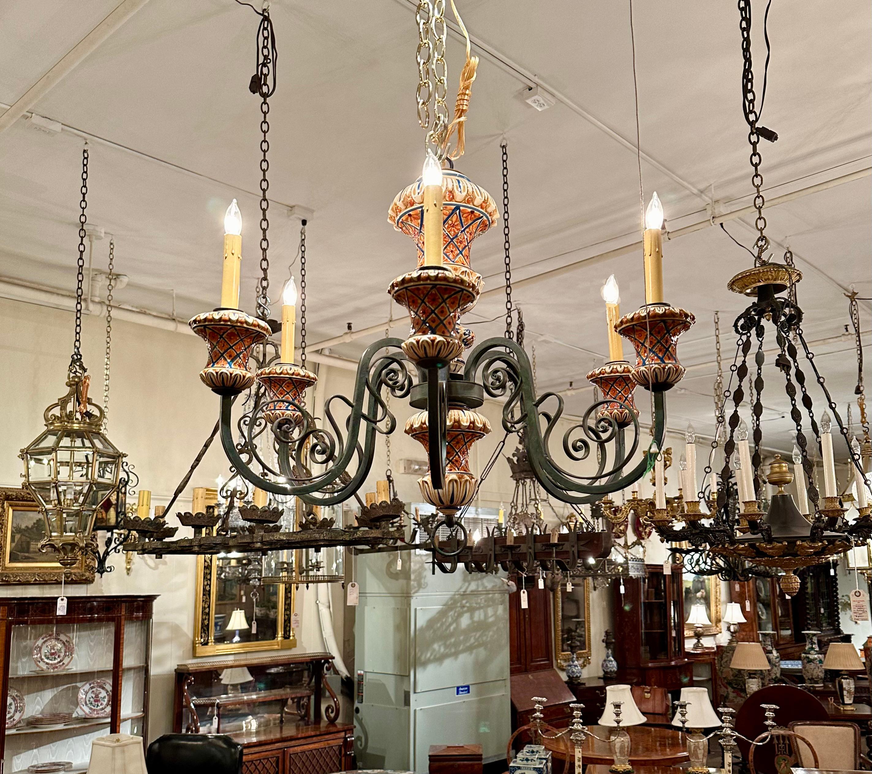 Estate Wrought Iron and Porcelain 6 Light Chandelier, Circa 1950’s-1960's. For Sale 2