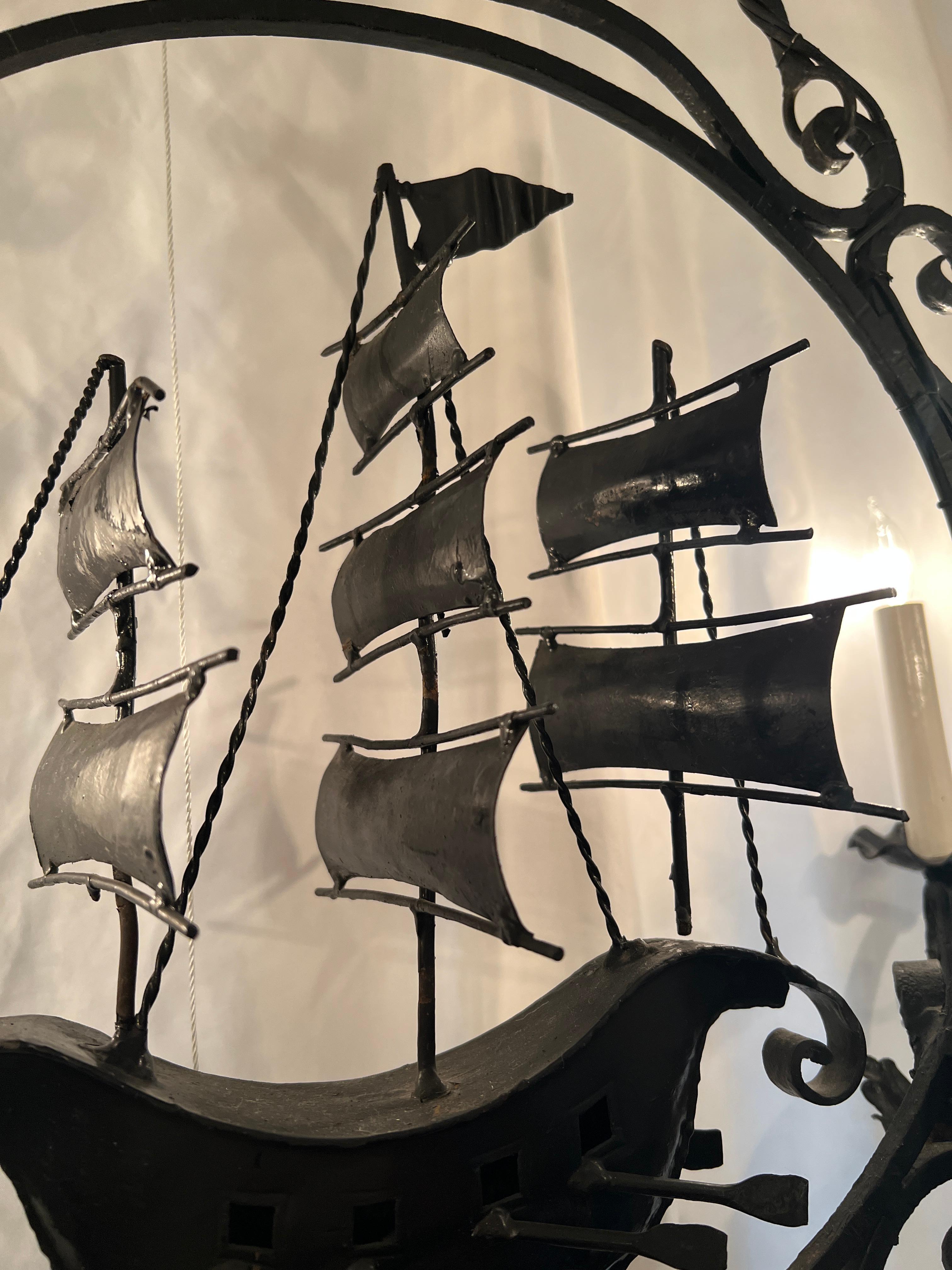 Estate Wrought Iron Sailing Ship Chandelier, Circa 1930-40. In Good Condition For Sale In New Orleans, LA
