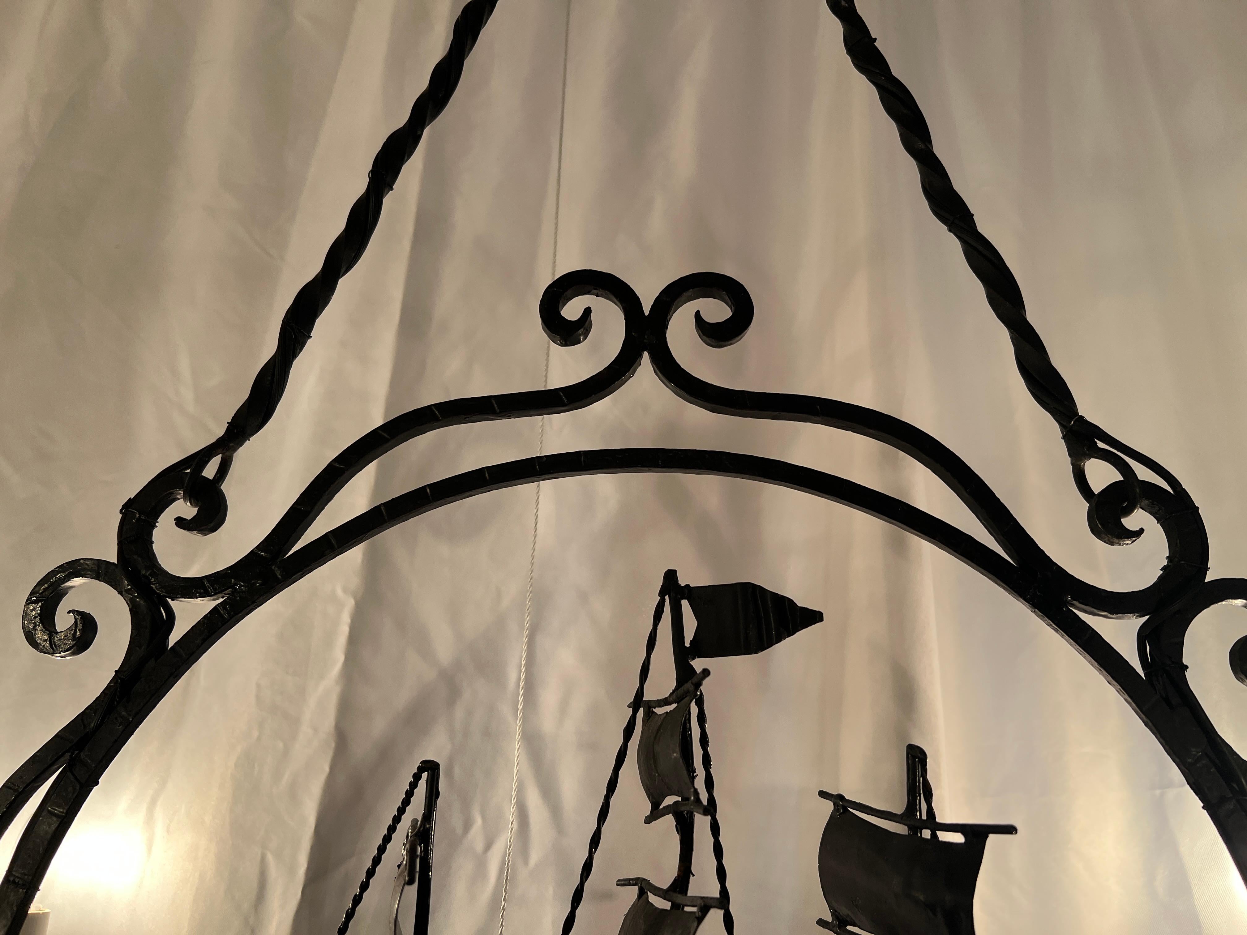 20th Century Estate Wrought Iron Sailing Ship Chandelier, Circa 1930-40. For Sale