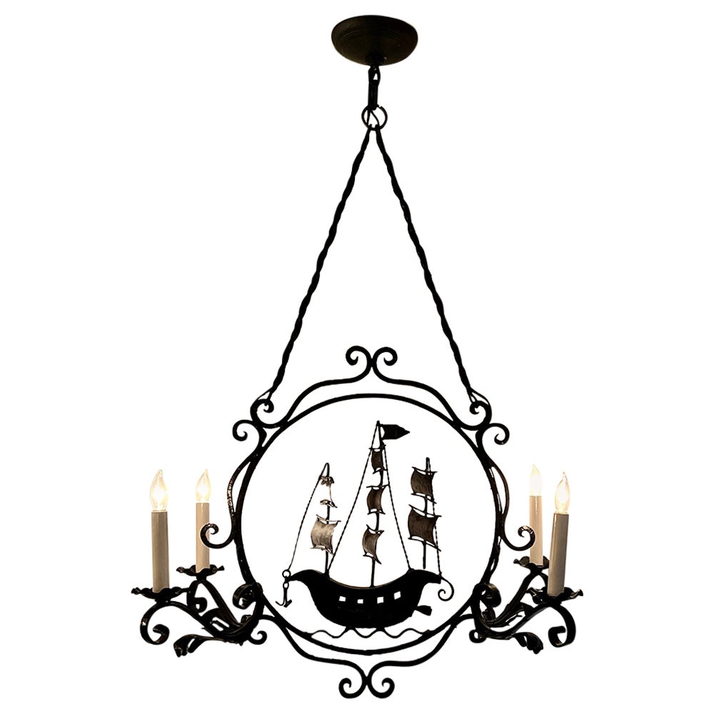 Estate Wrought Iron Sailing Ship Chandelier, Circa 1930-40.