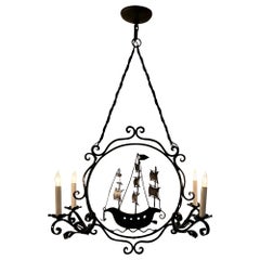 Estate Wrought Iron Sailing Ship Chandelier, Circa 1930-40.