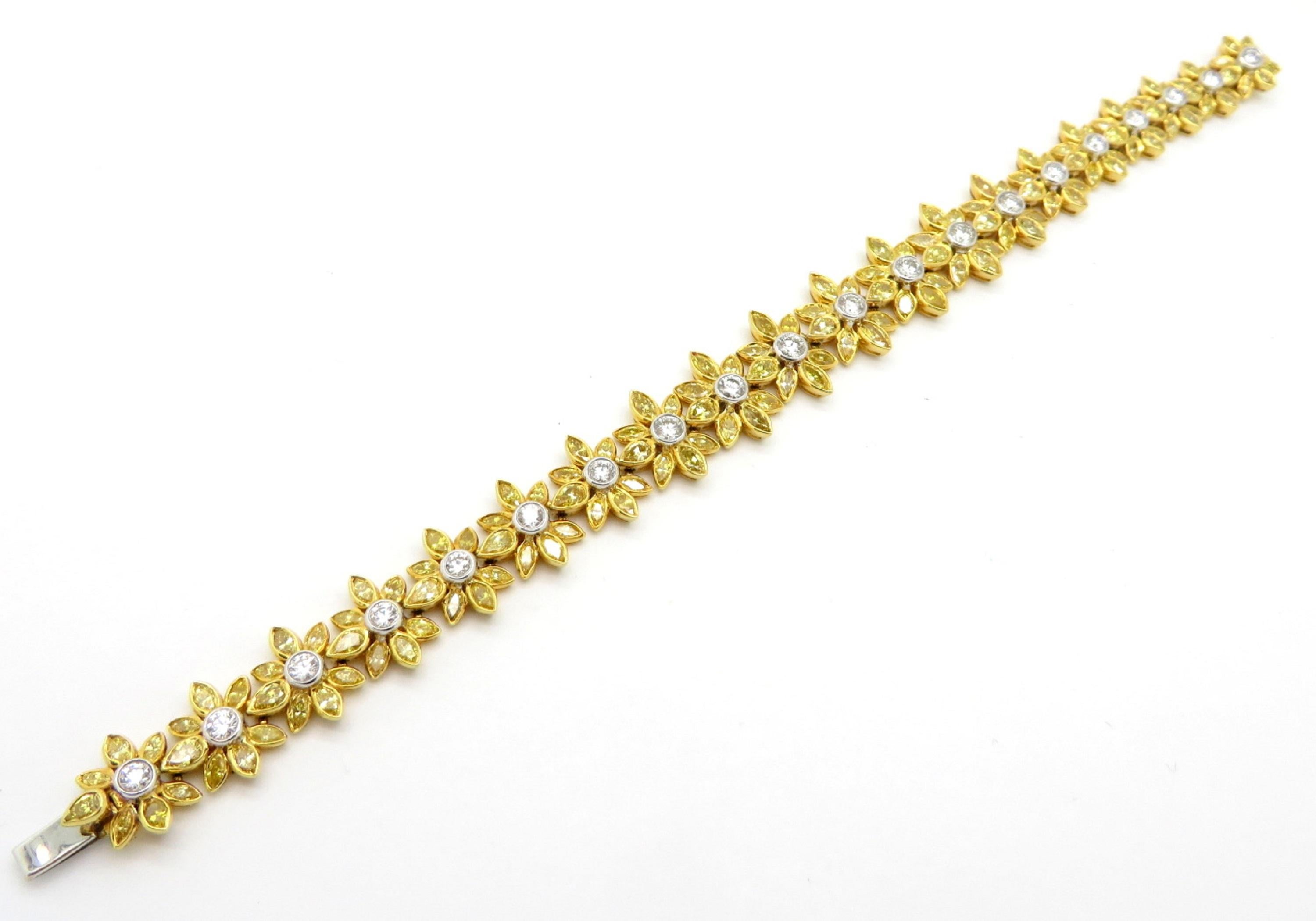 Women's Estate Yellow and White Daisy Flower Diamond 18 Karat Two-Tone Tennis Bracelet