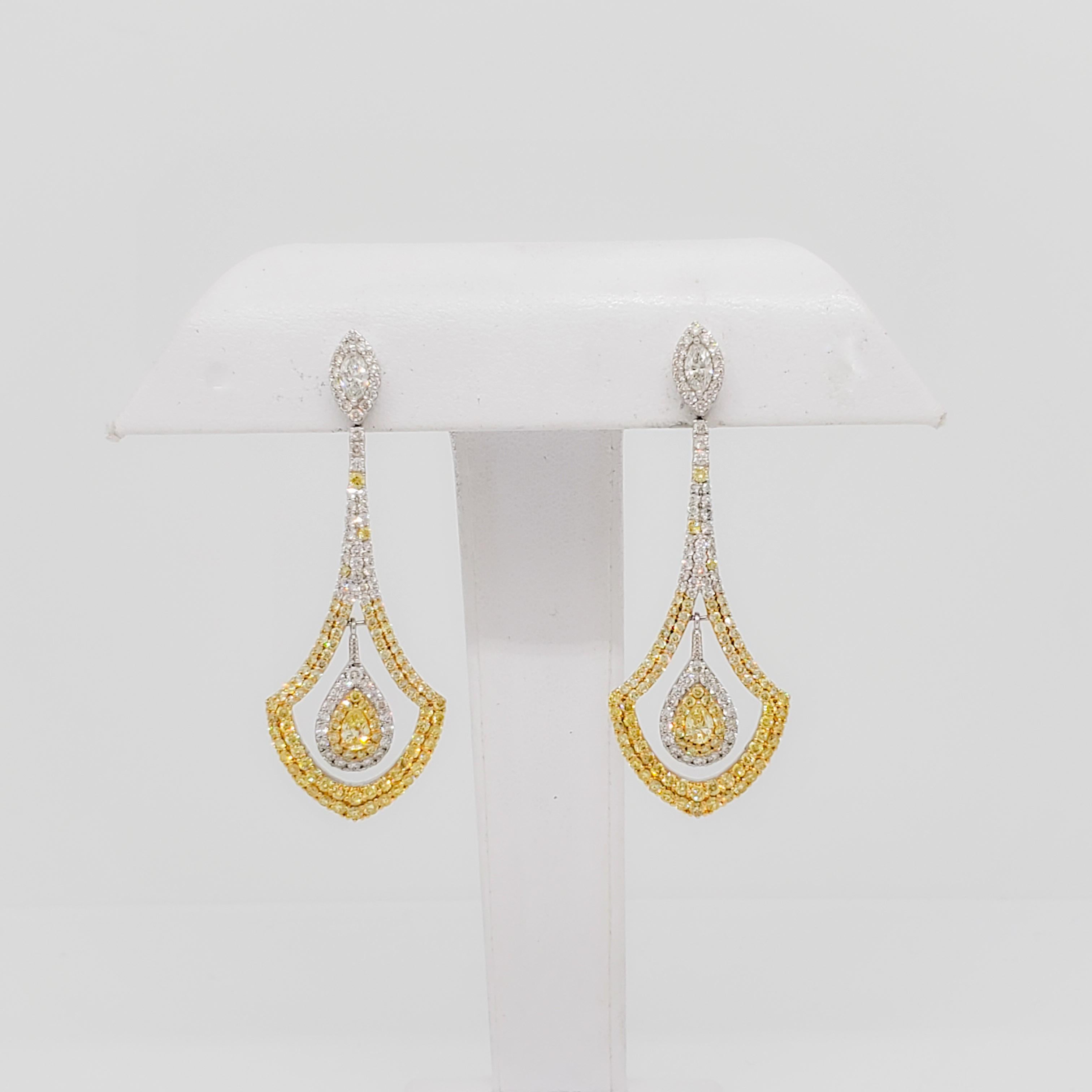 Women's or Men's Yellow and White Diamond Dangle Earrings in 18k White Gold For Sale