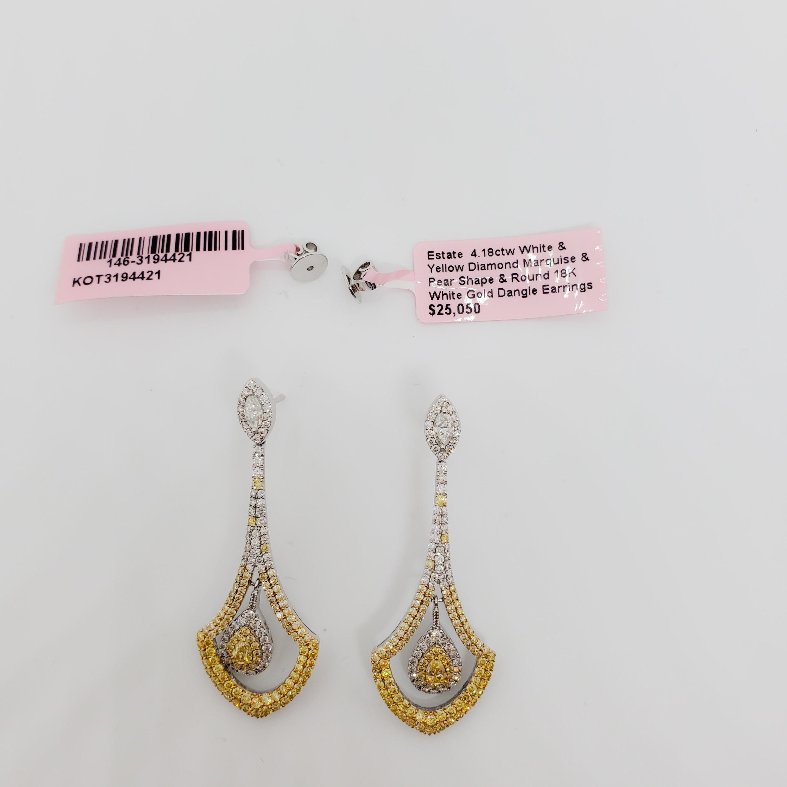Yellow and White Diamond Dangle Earrings in 18k White Gold For Sale 3