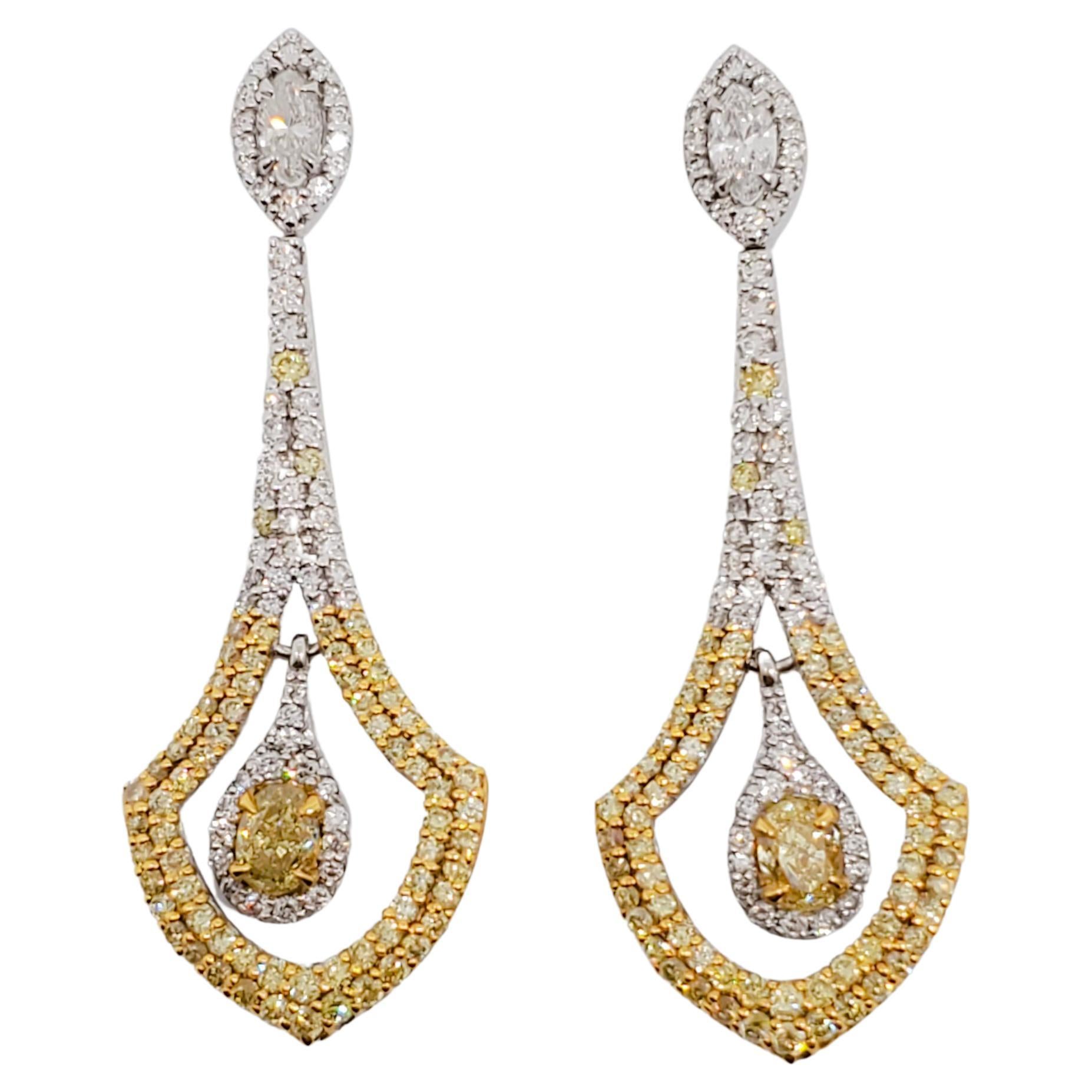 Yellow and White Diamond Dangle Earrings in 18k White Gold For Sale