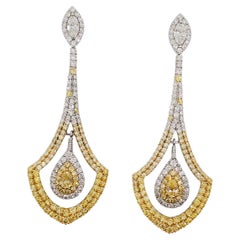 Estate Yellow and White Diamond Dangle Earrings in 18k White Gold
