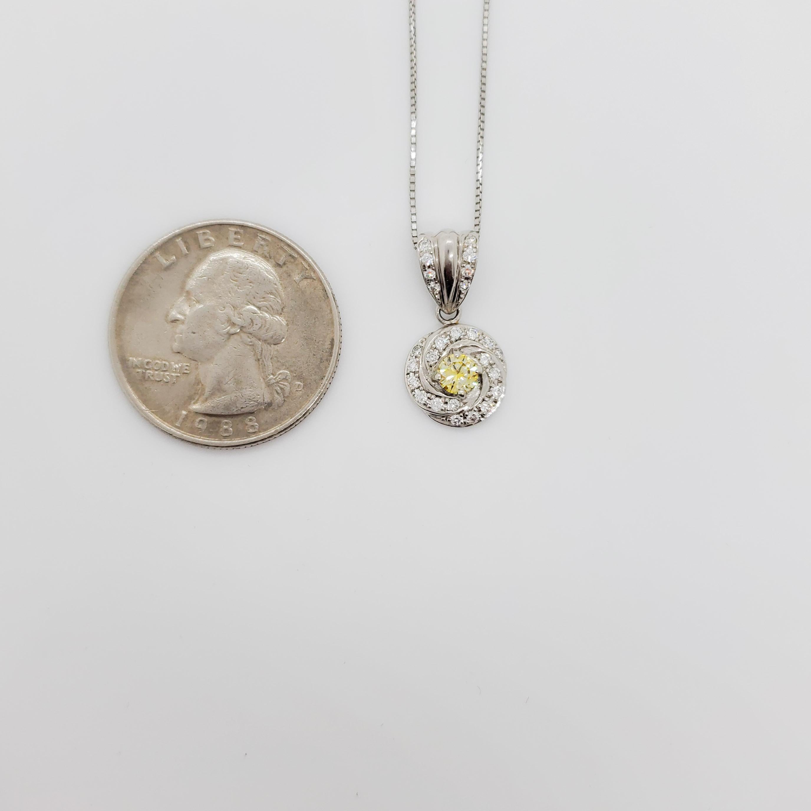 Round Cut Estate Yellow and White Diamond Pendant Necklace in Platinum For Sale