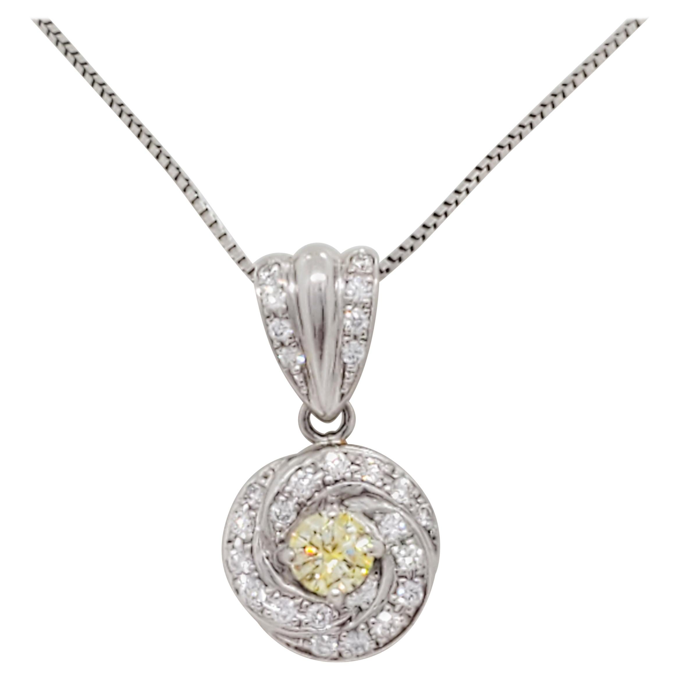 Estate Yellow and White Diamond Pendant Necklace in Platinum For Sale
