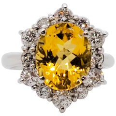 Estate Yellow Beryl Oval and White Diamond Cocktail Ring in Platinum