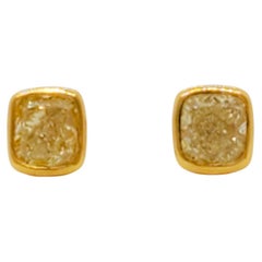 Estate Yellow Diamond Cushion Solitaire Earring Studs in 18k Yellow Gold