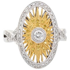 Retro Estate Yellow Diamond Sunburst Ring 18 Karat Gold Oval Fine Statement Jewelry