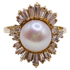 brighton pearl ring Estate Yellow Gold Pearl and Diamond Ring