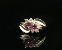 Estate Yellow Gold Pink Sapphire Diamond Flower Cluster Petite Bypass Band Ring