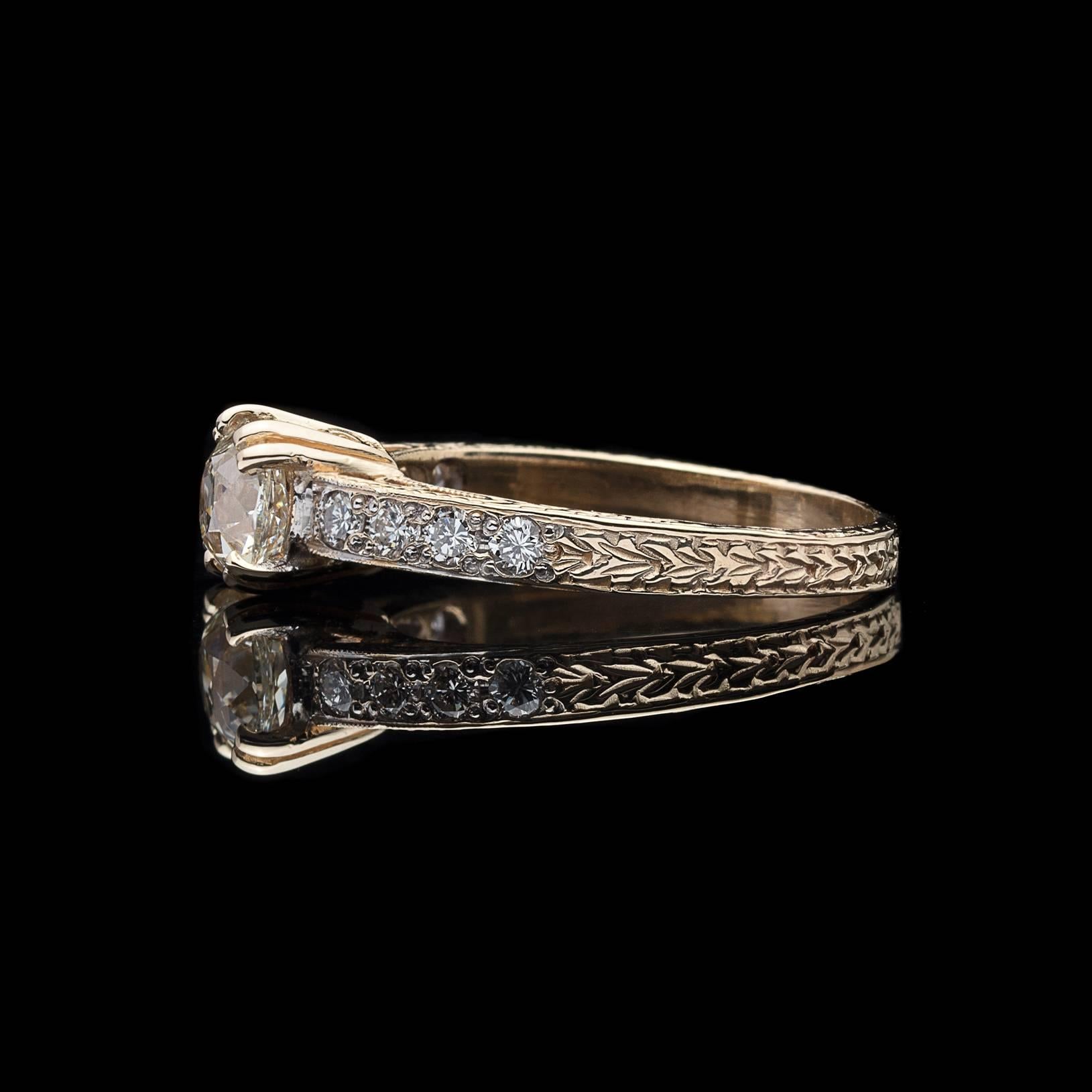 Women's Estate Yellow Gold Ring Featuring 1.07 Carat Old Mine Cut Diamond