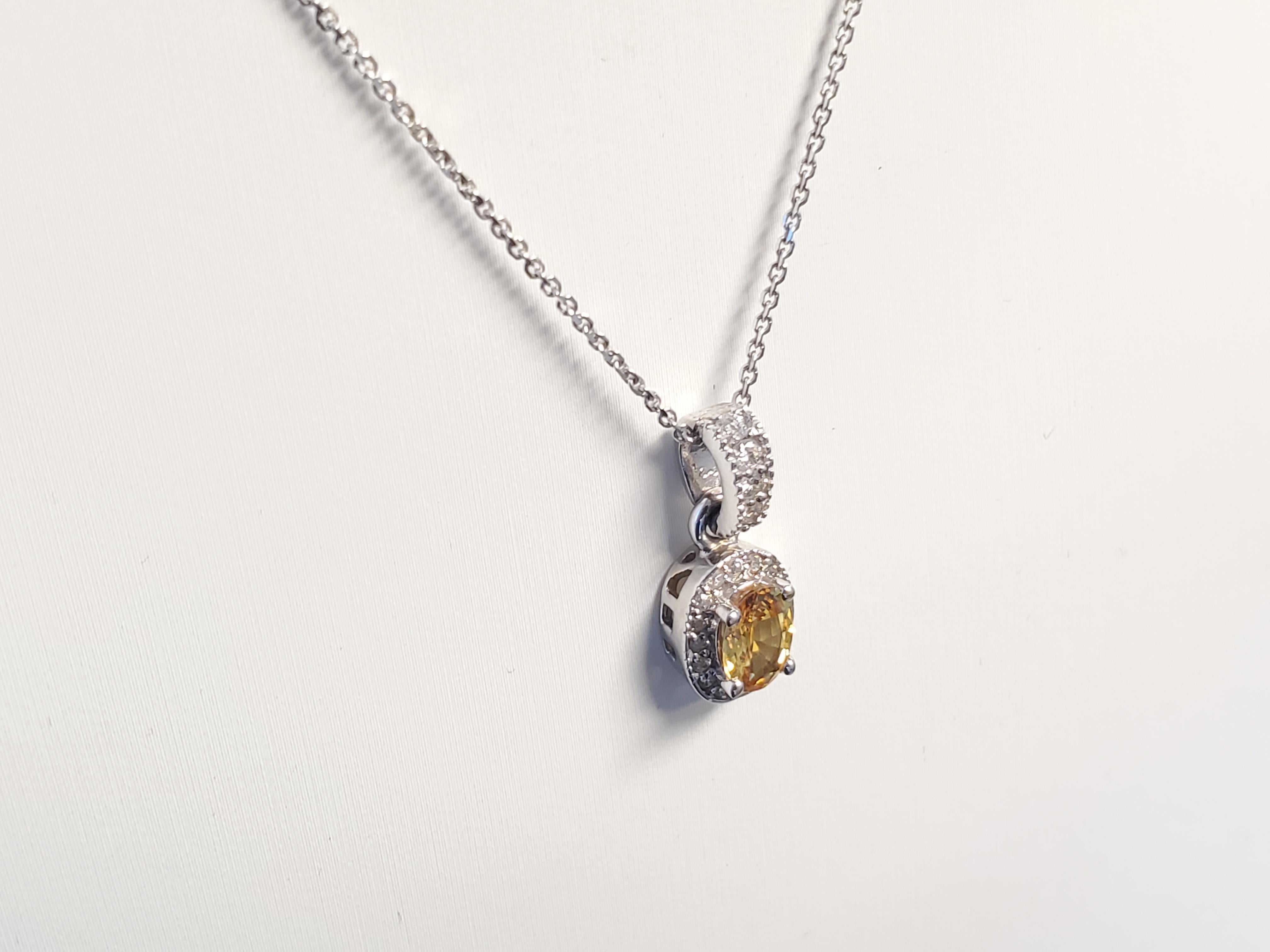 Oval Cut Estate Yellow Oval Sapphire and Diamond Necklace White Gold Pendant Link Chain For Sale