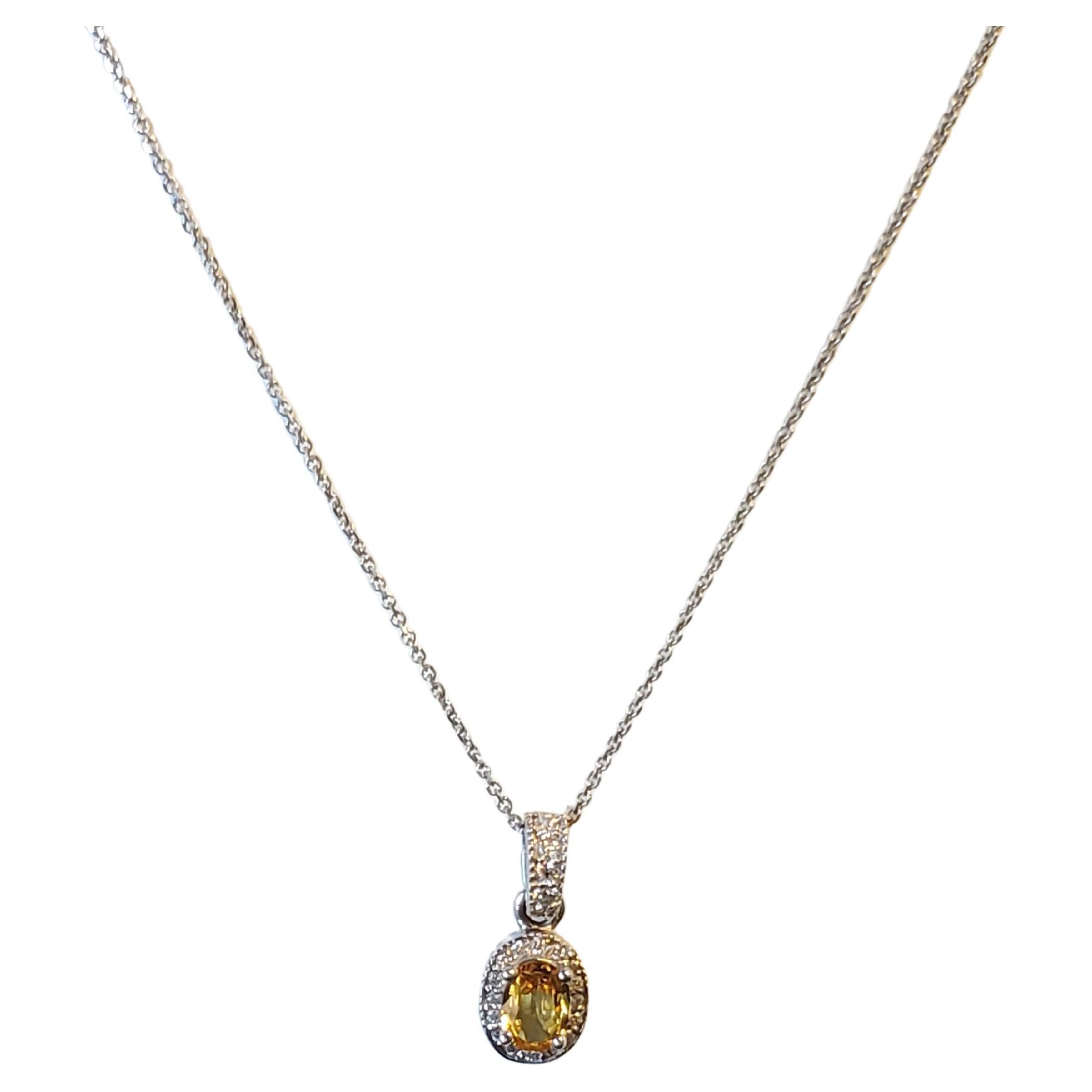Estate Yellow Oval Sapphire and Diamond Necklace White Gold Pendant Link Chain For Sale