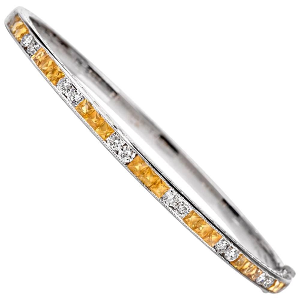 Estate Yellow Sapphire Diamond 18 Karat Gold Bangle Bracelet