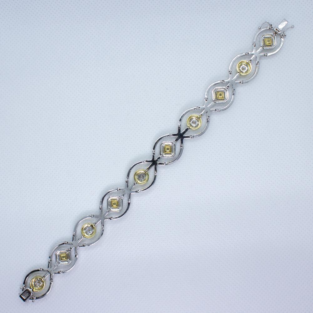 Estate Yellow & White Diamond Round Princess Cut Bracelet 18K Two Tone Gold For Sale 4