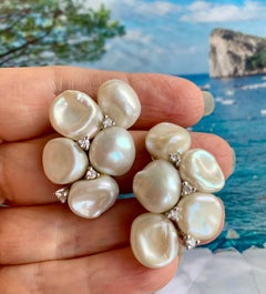 Estate Yvel 18K White Gold Keshi Pearl Diamond Statement Cluster Earrings