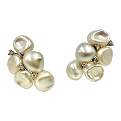 Estate Yvel 18K White Gold Keshi Pearl Diamond Statement Cluster Earrings