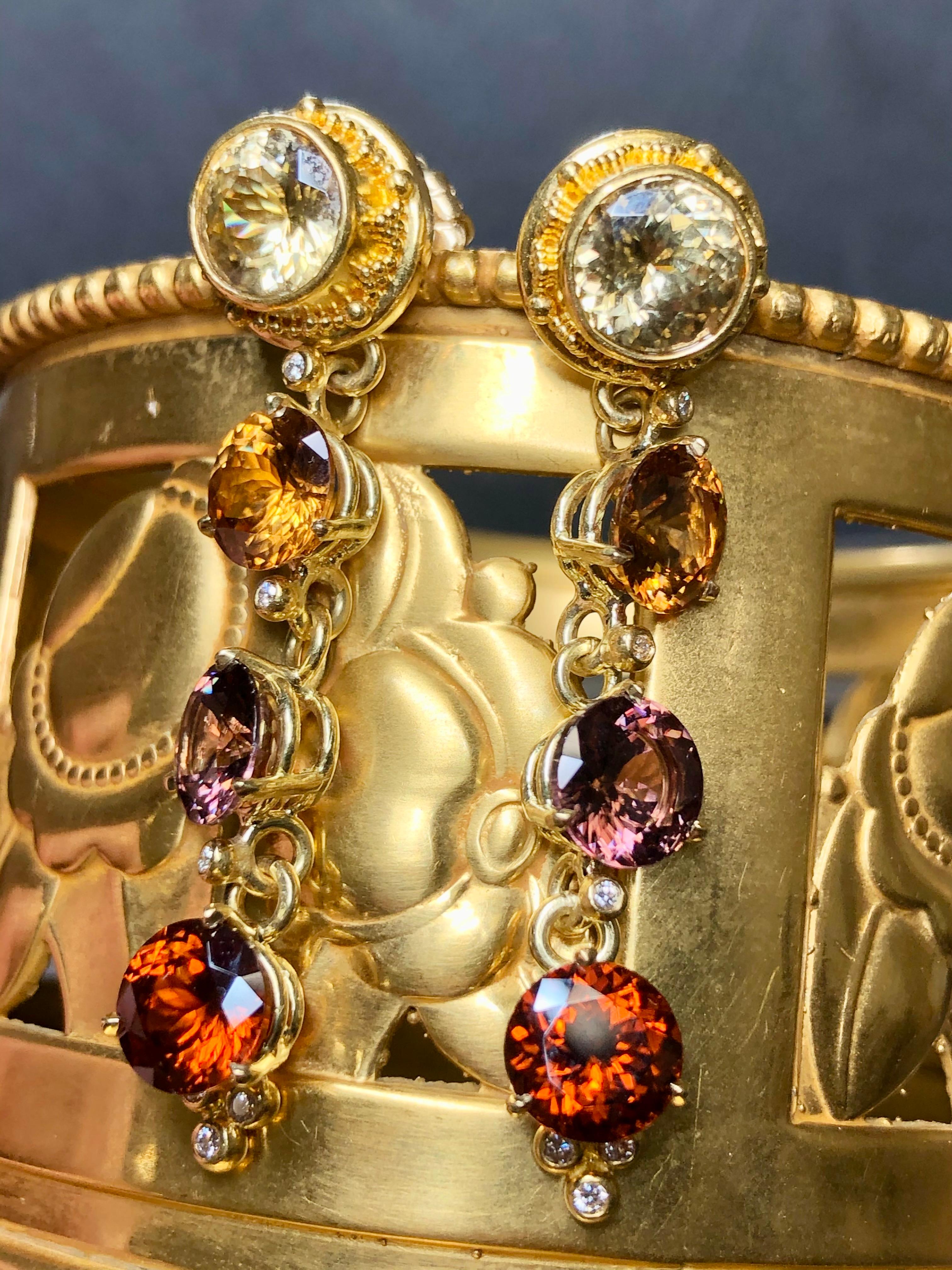 Contemporary Estate ZAFFIRO 18K 22K Gold Diamond Multicolored Zircon Drop Earrings 22cttw For Sale