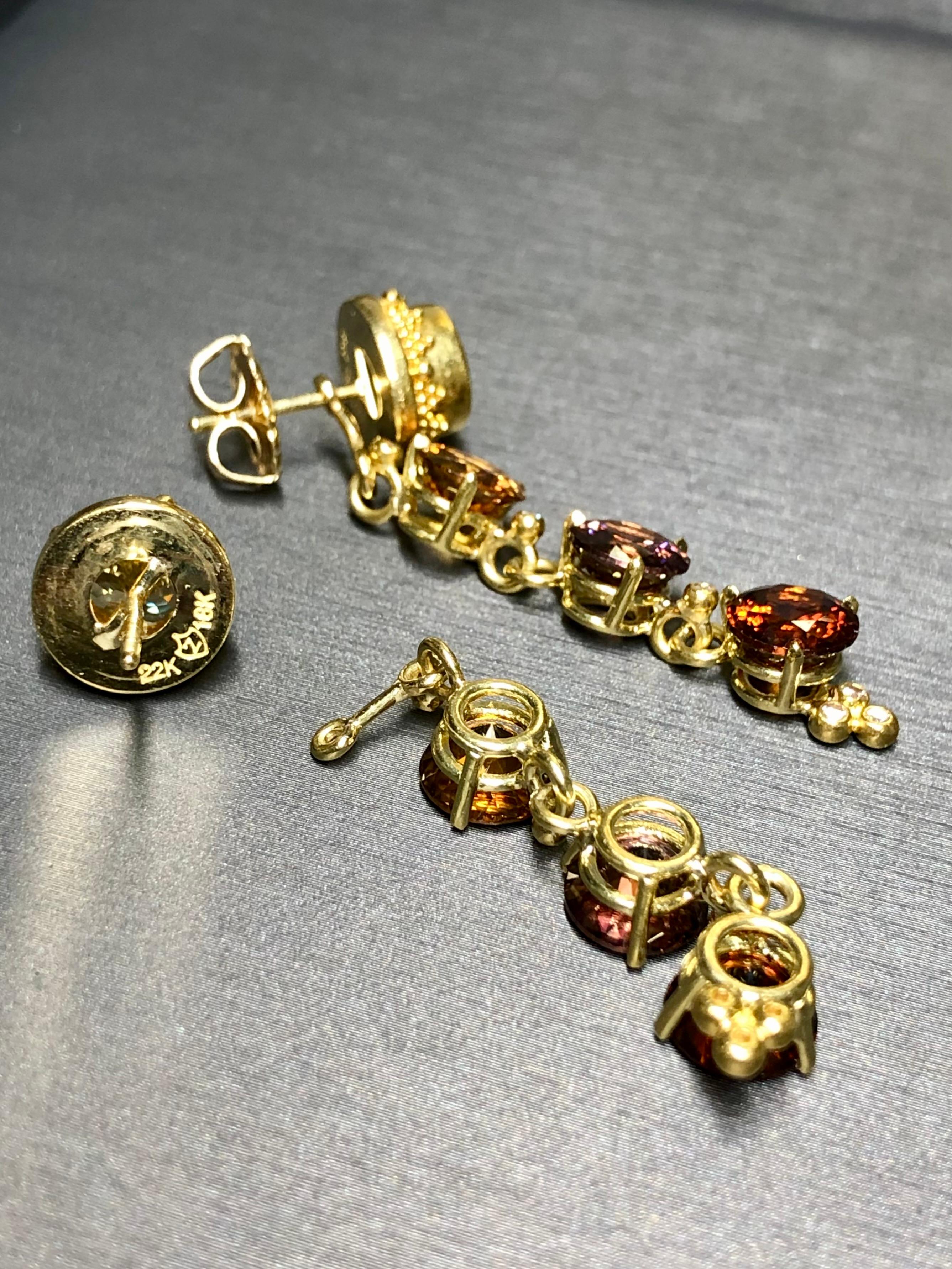 Estate ZAFFIRO 18K 22K Gold Diamond Multicolored Zircon Drop Earrings 22cttw In Good Condition For Sale In Winter Springs, FL