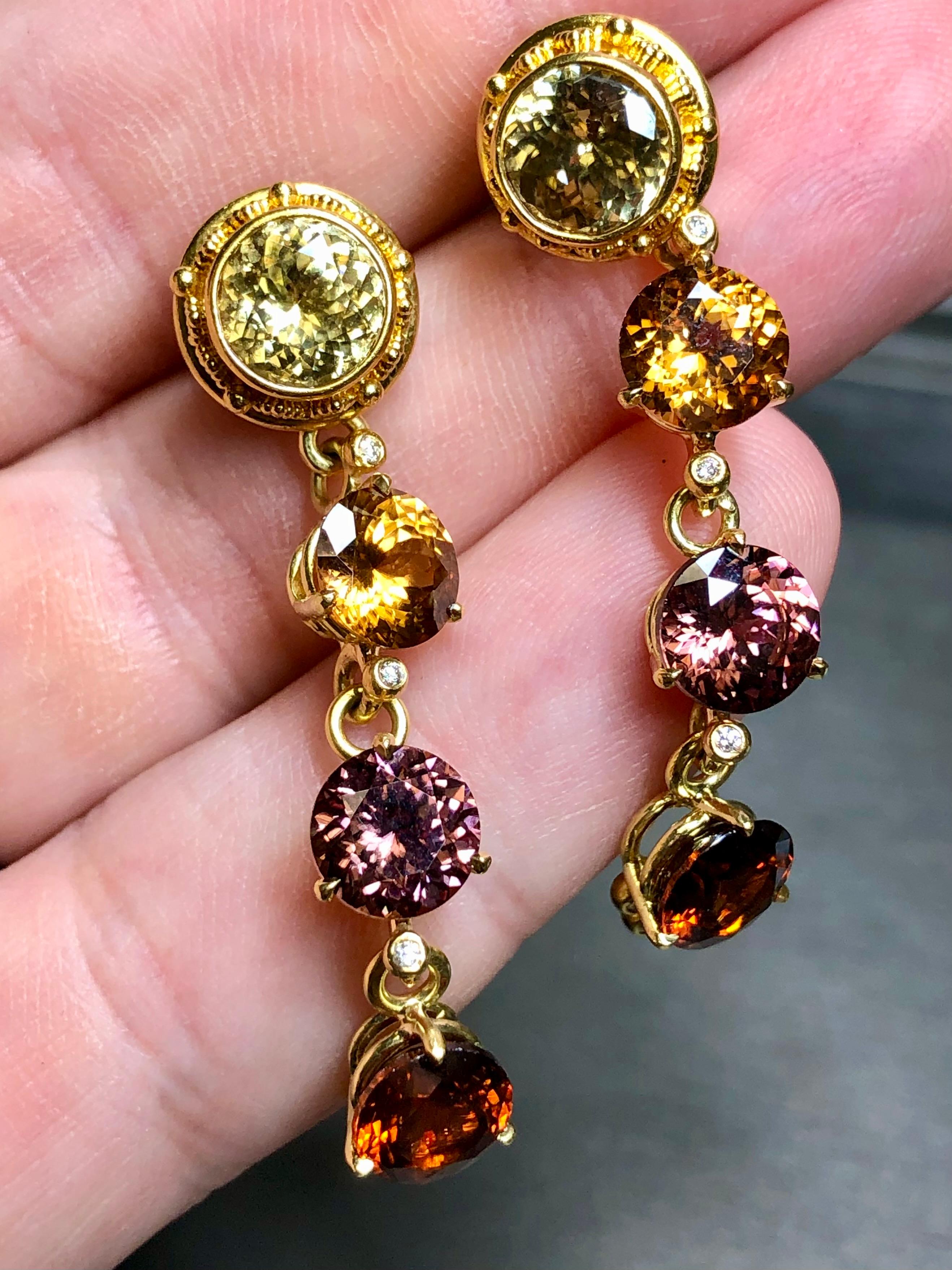 Women's or Men's Estate ZAFFIRO 18K 22K Gold Diamond Multicolored Zircon Drop Earrings 22cttw For Sale