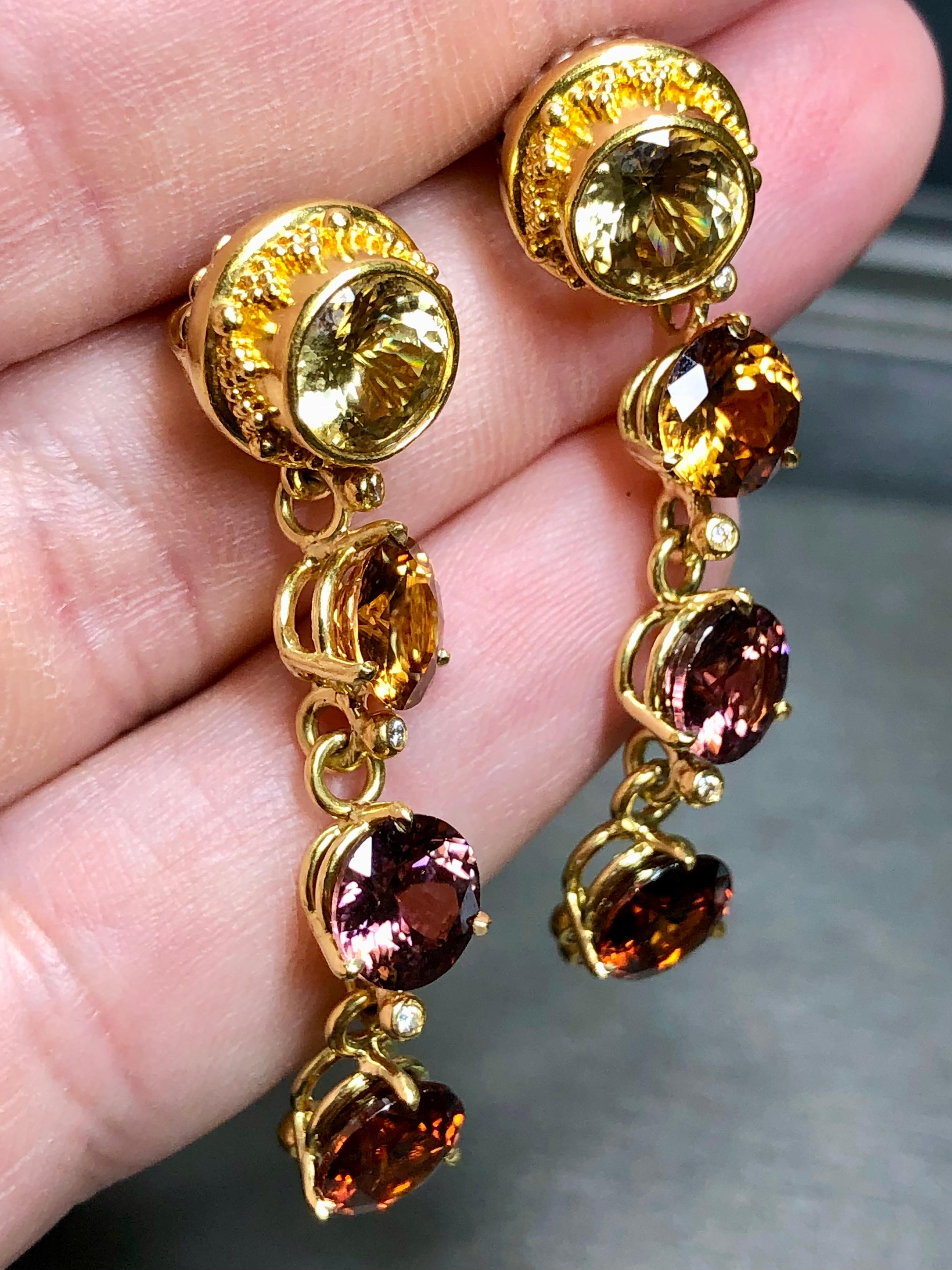 Estate ZAFFIRO 18K 22K Gold Diamond Multicolored Zircon Drop Earrings 22cttw For Sale 1