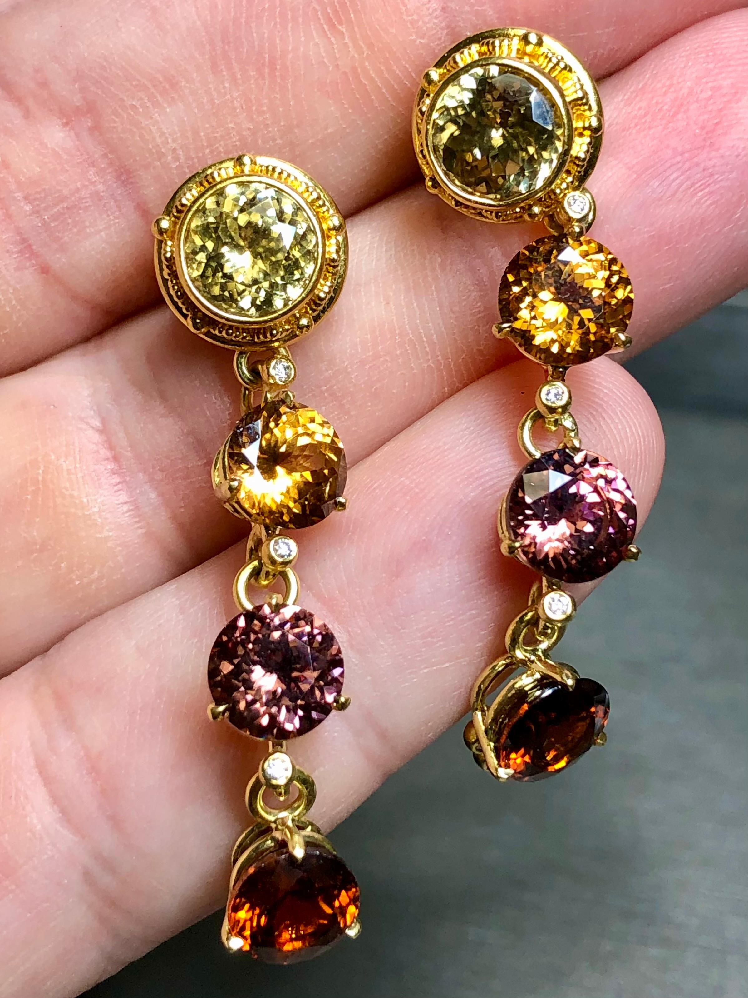 Estate ZAFFIRO 18K 22K Gold Diamond Multicolored Zircon Drop Earrings 22cttw For Sale 2