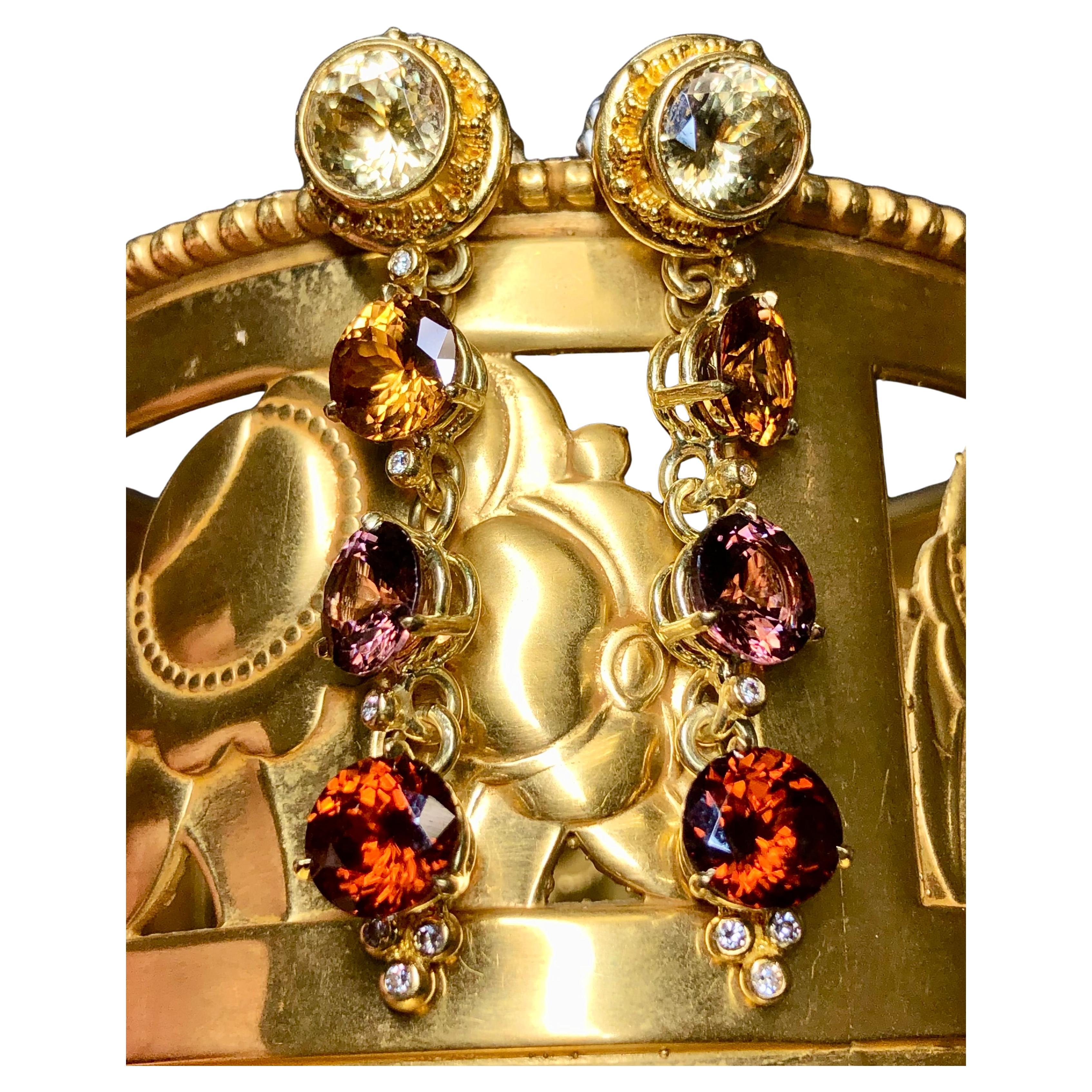 Estate ZAFFIRO 18K 22K Gold Diamond Multicolored Zircon Drop Earrings 22cttw