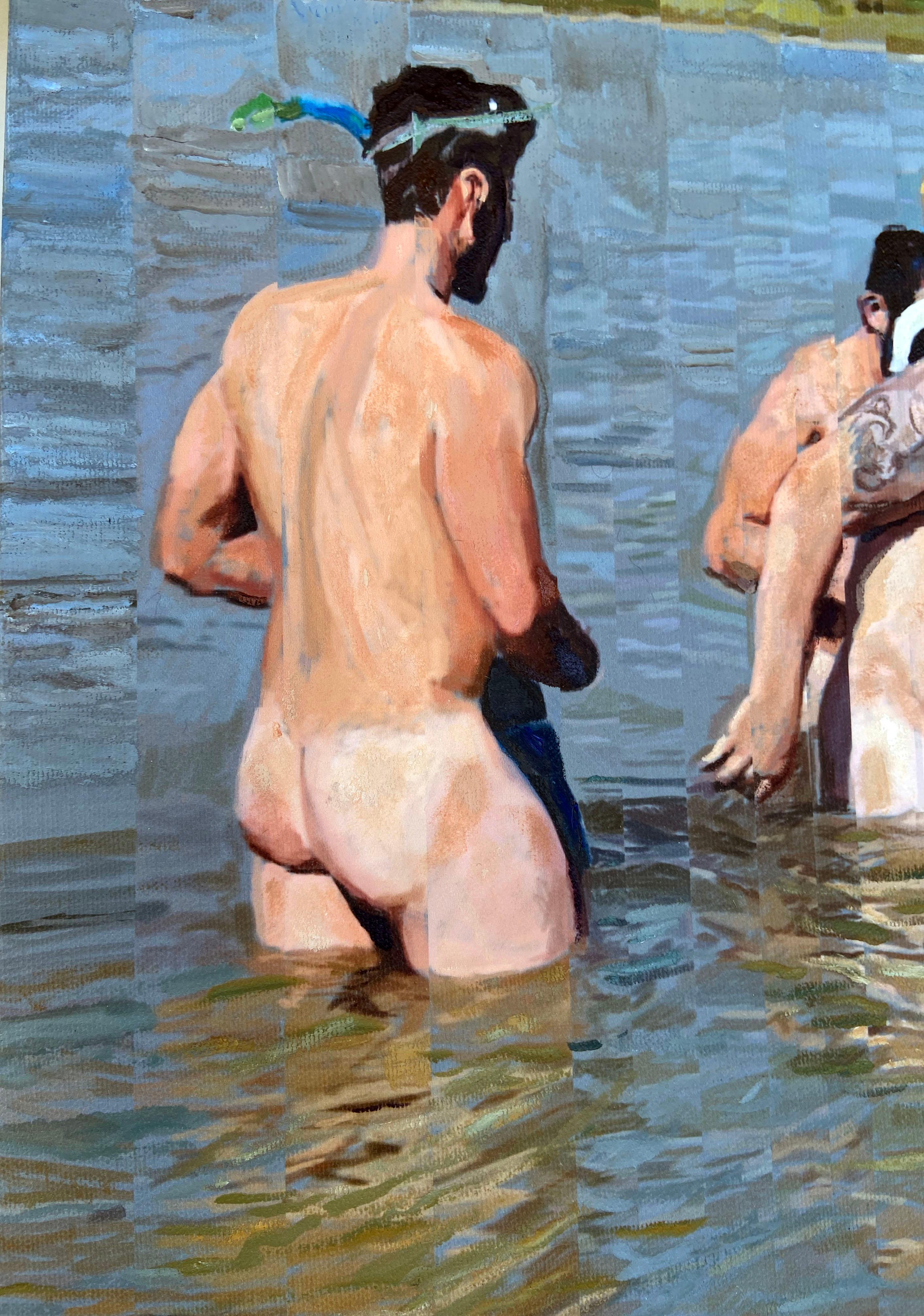 Bathers, multiple figures, male nudes - Painting by Esteban Chavez