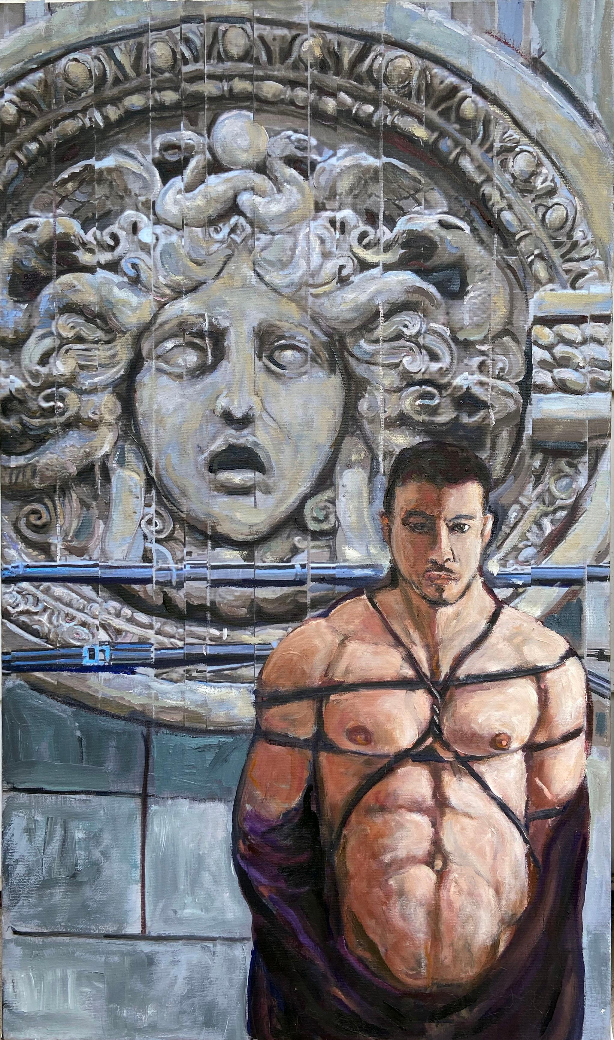 Esteban Chavez Figurative Painting - Bondage-Medusa, male figure, classical architecture details mythical realism