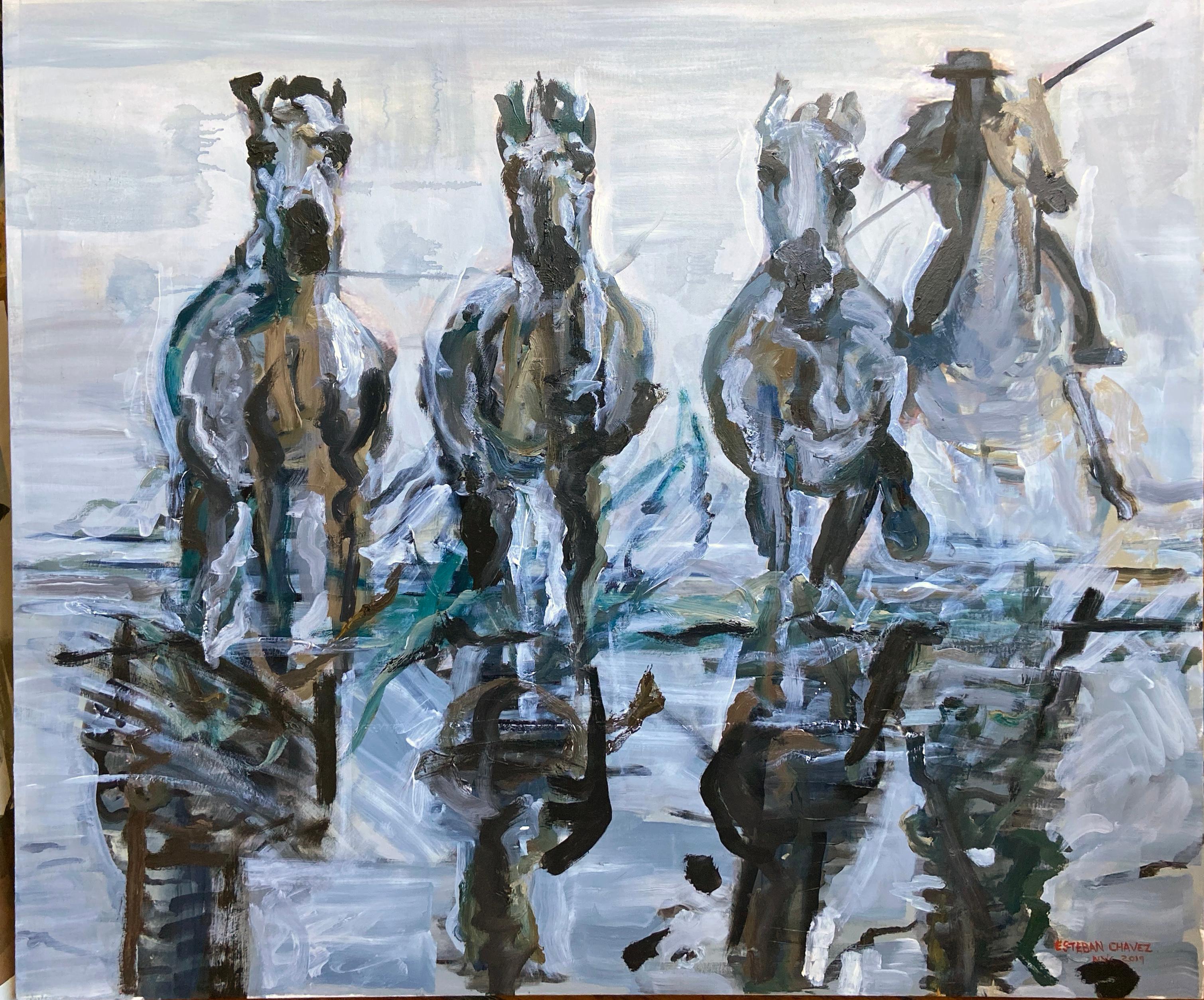 Esteban Chavez Landscape Painting - Four Horses, oil painting