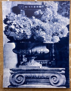 Blue Hydrangea, oversize lithograph, classical architectural elements