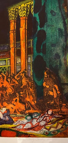Scherezade, colorful artist proof etching and mono-print green, orange