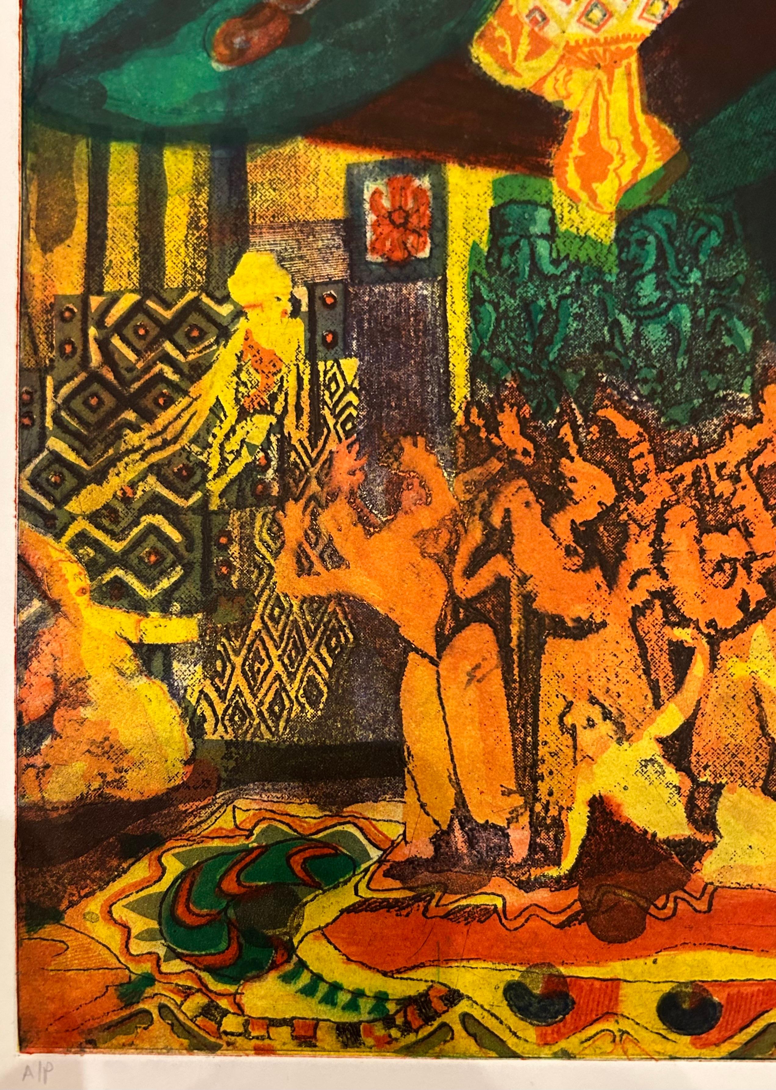 Scherezade, colorful artist proof etching and mono-print green, orange - Contemporary Print by Esteban Chavez