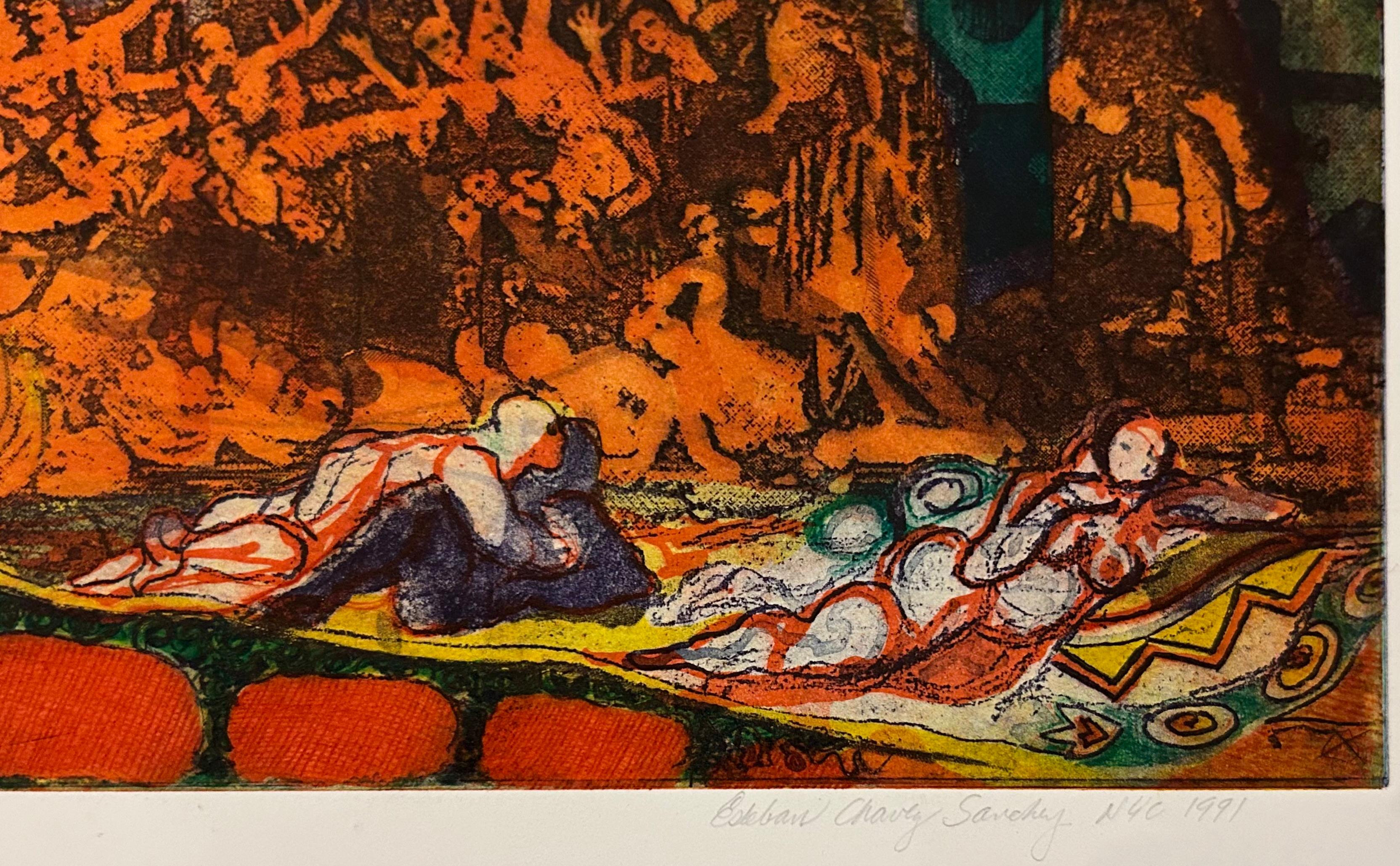 Scherezade, colorful artist proof etching and mono-print green, orange - Beige Landscape Print by Esteban Chavez
